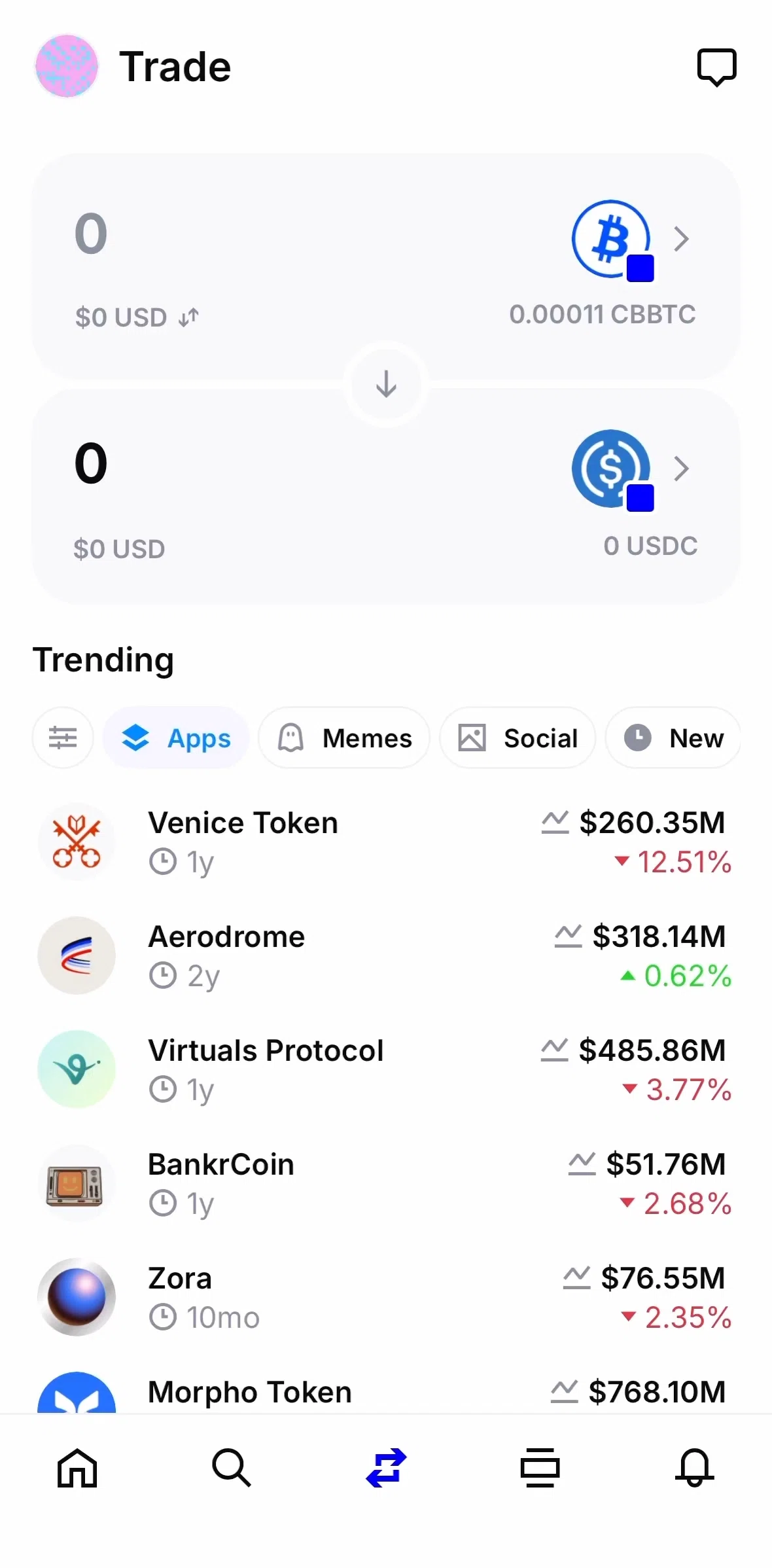 Base Screen screen in the Trading a token flow