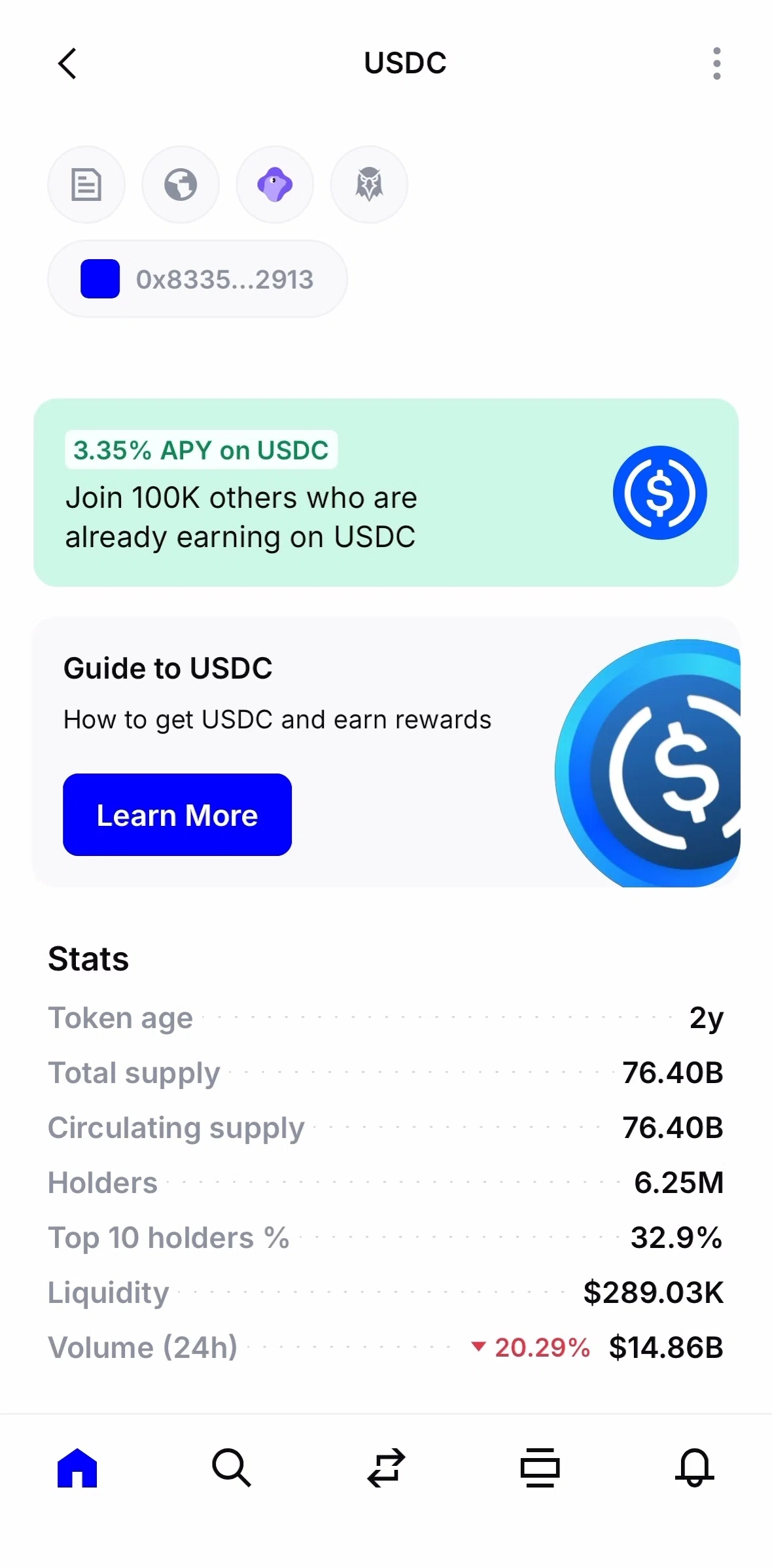 Base Screen screen in the USDC Rewards flow