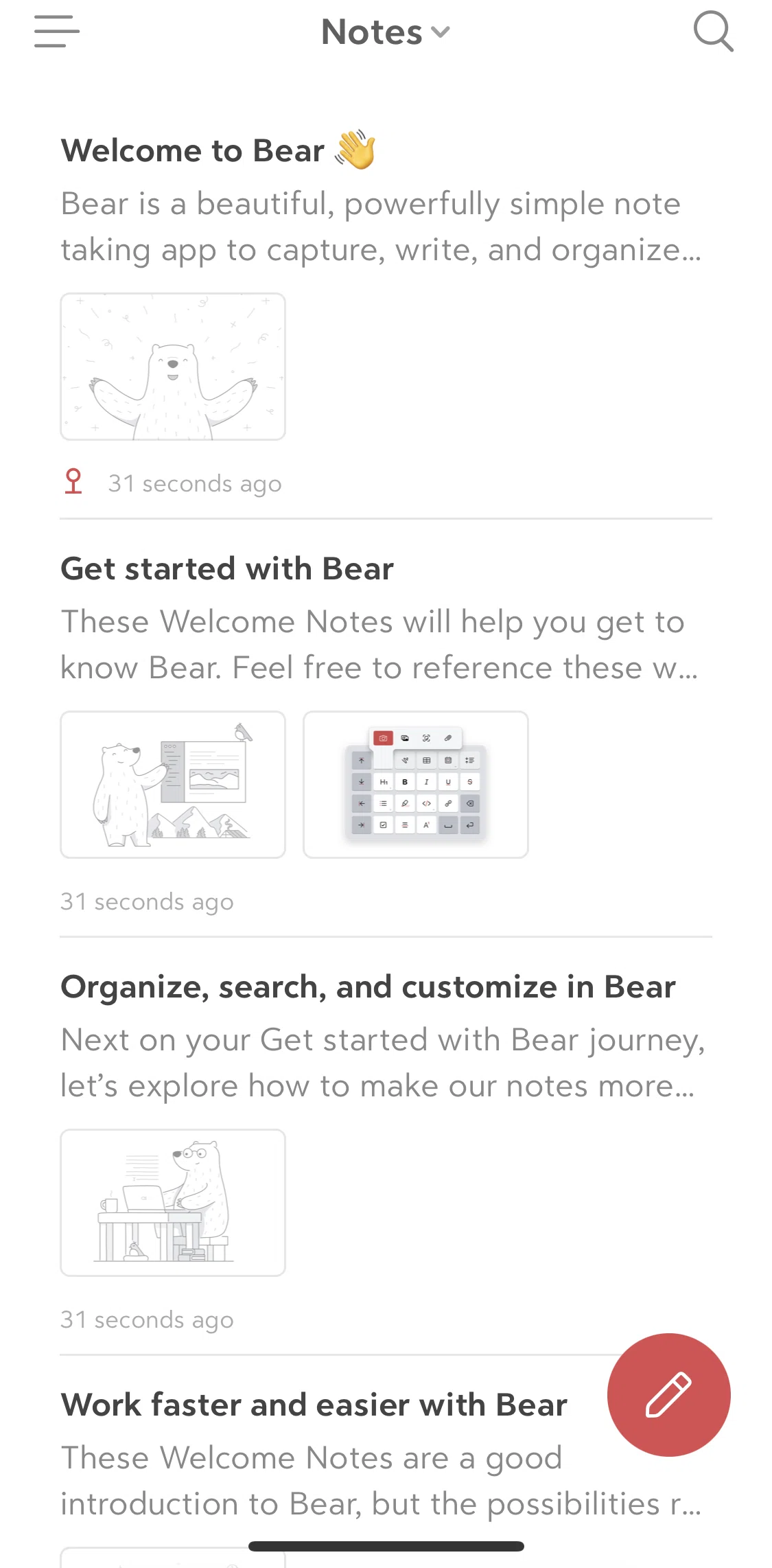 Bear Screen screen in the Creating a new note flow