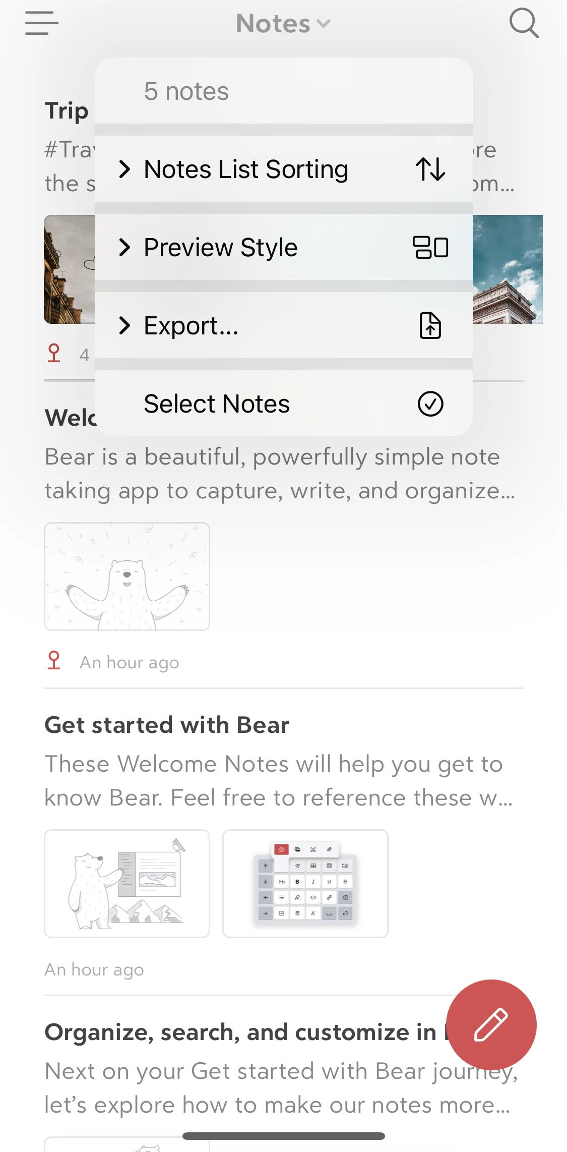 Bear Screen screen in the Selecting notes flow