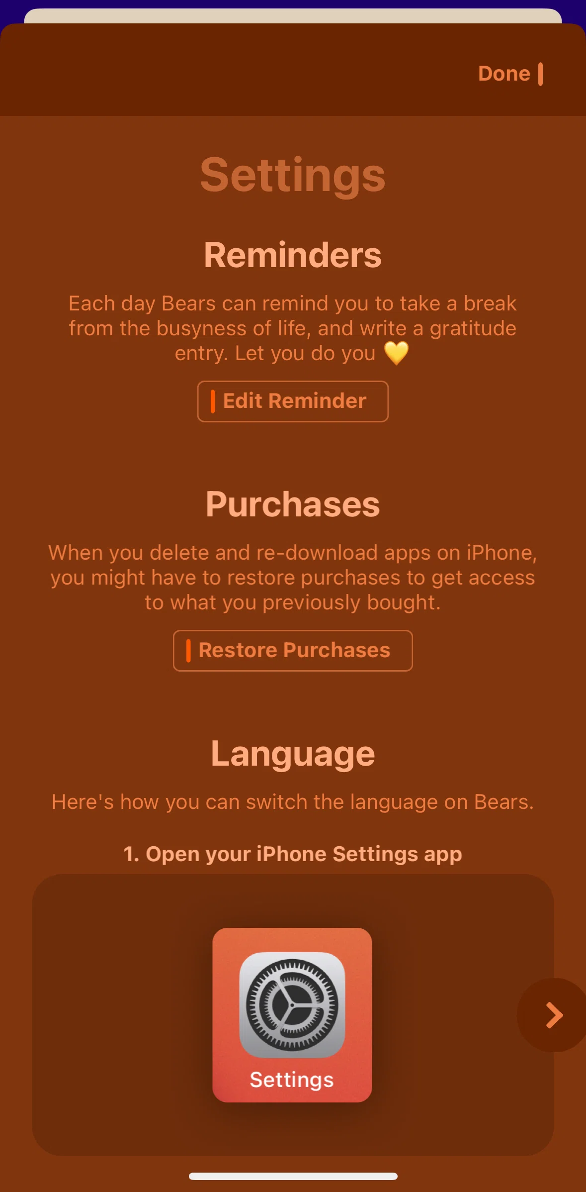 Bears Gratitude Screen screen in the Setting up reminder flow