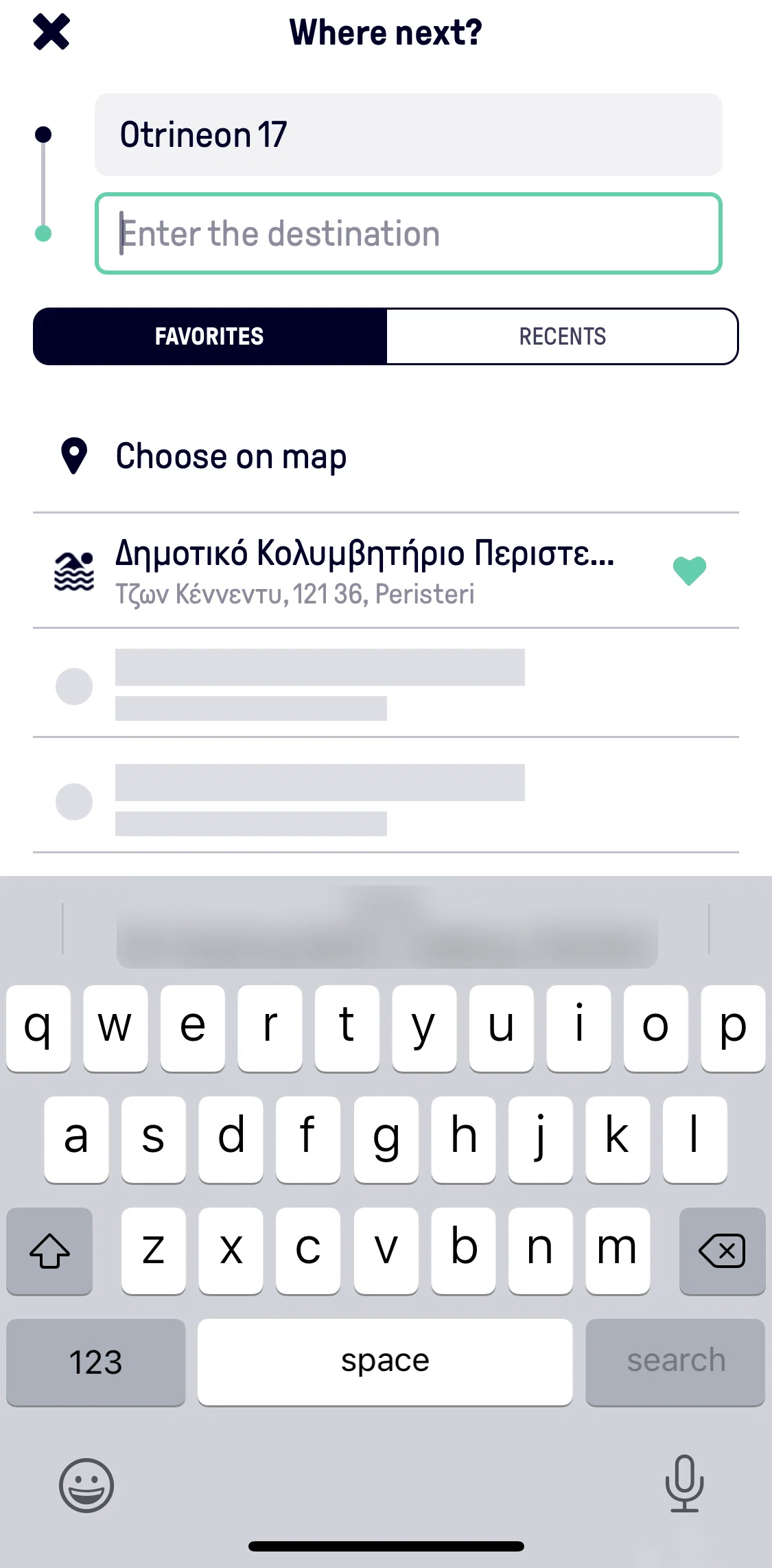 Beat Passenger Screen screen in the Choosing destination on map flow