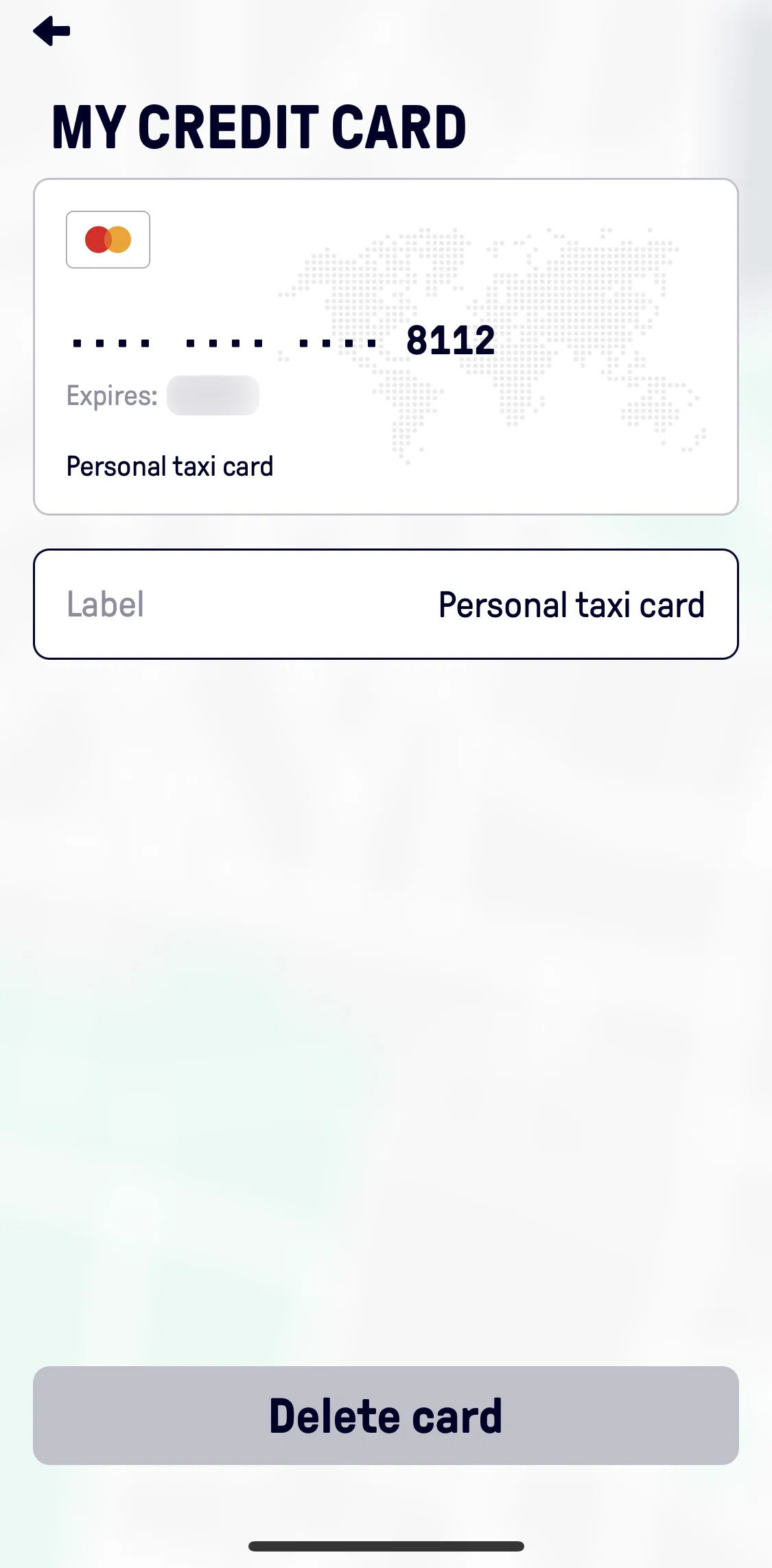 Beat Passenger Screen screen in the Deleting credit card flow