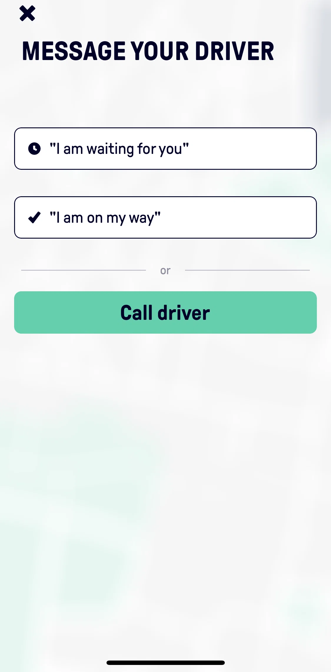 Beat Passenger Screen screen in the Messaging the driver flow