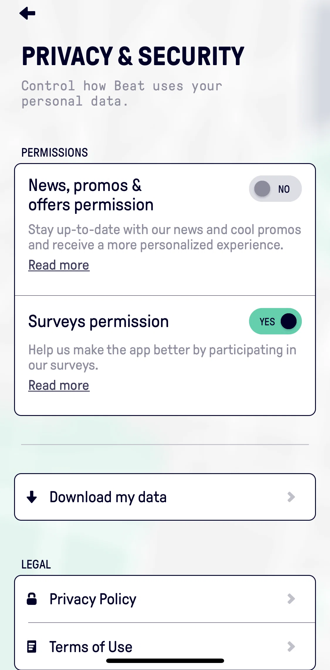 Beat Passenger Screen screen in the News, promos & offers permission flow