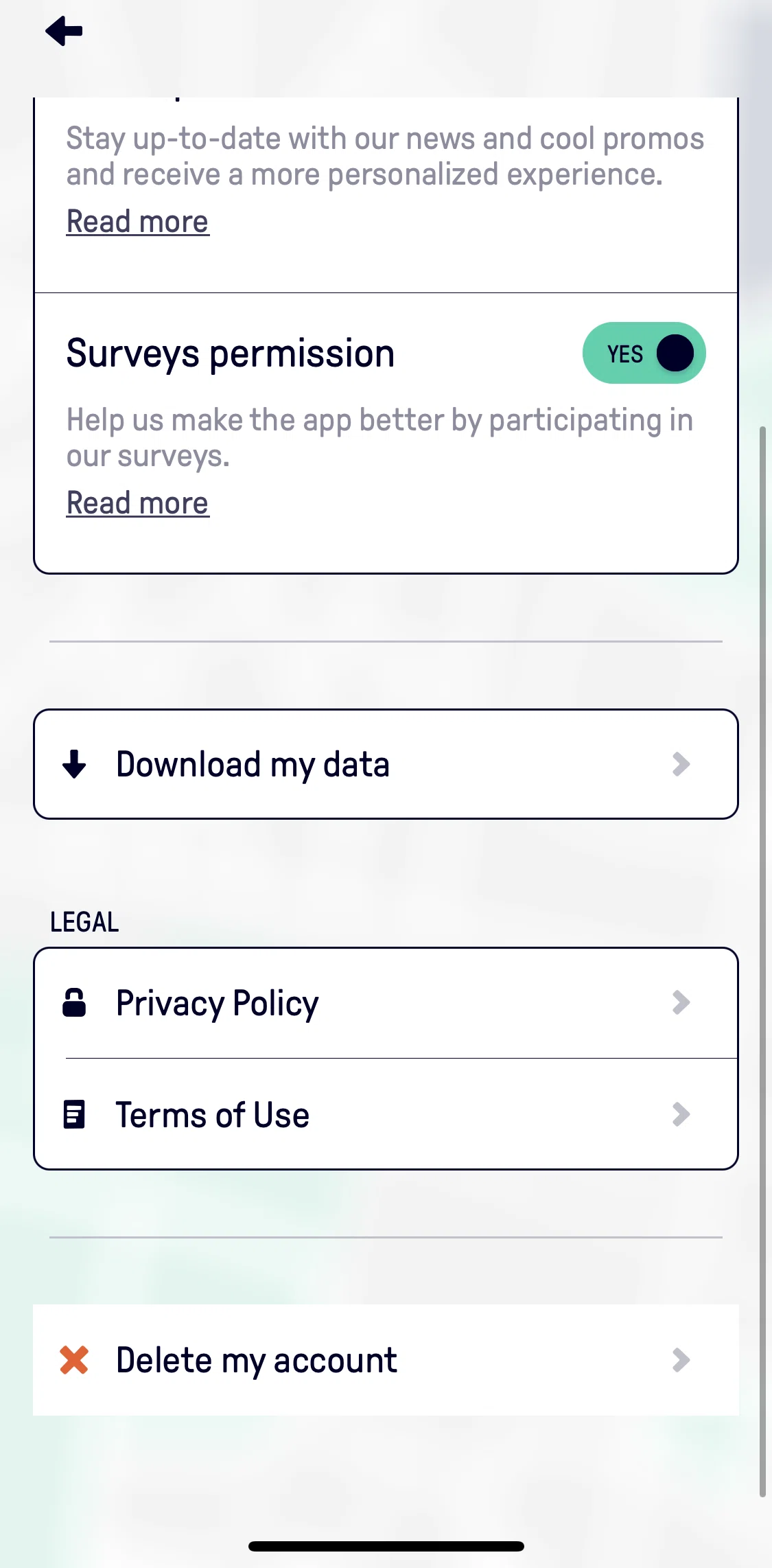 Beat Passenger Screen screen in the Terms of use flow