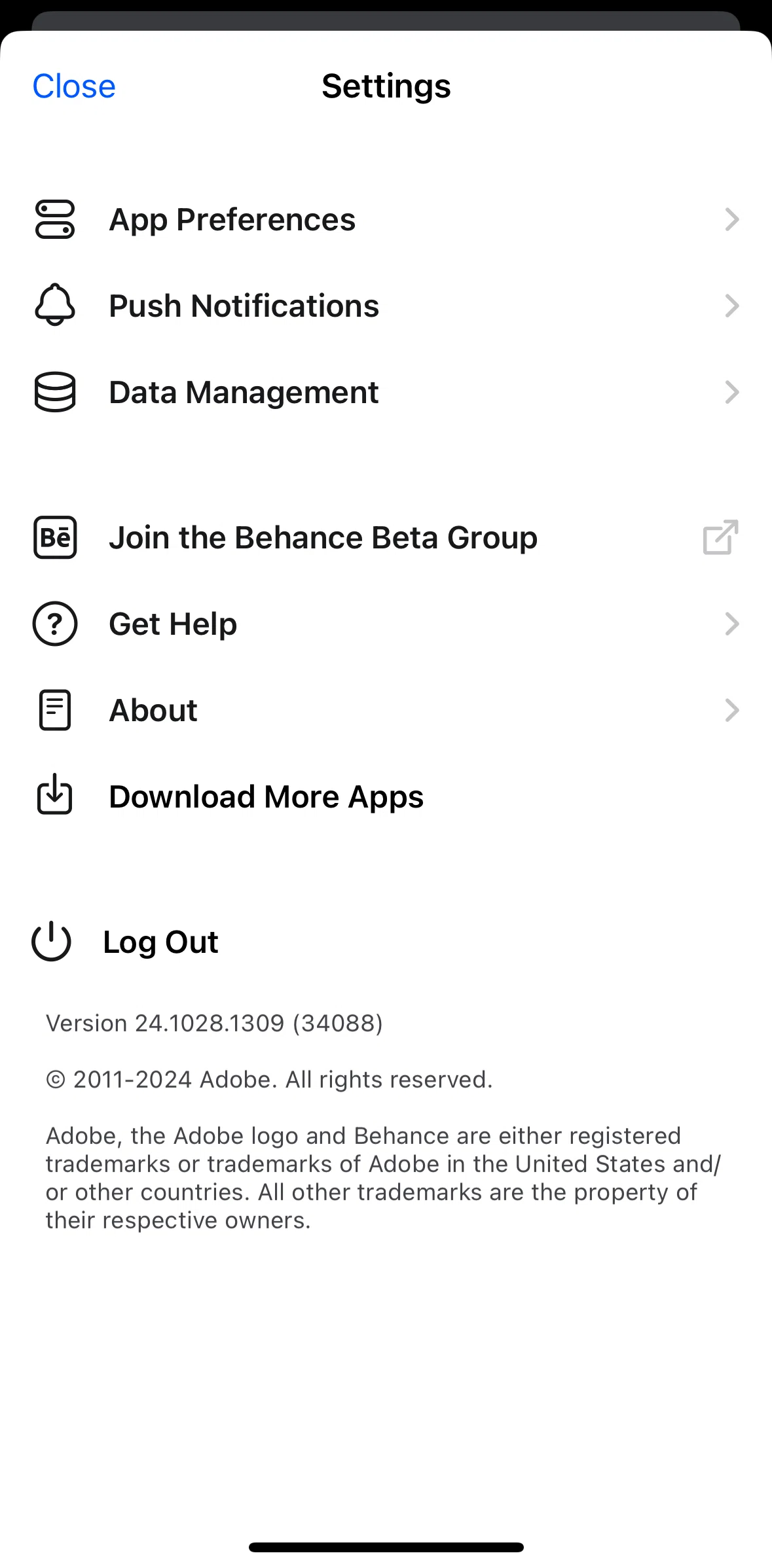 Behance Screen screen in the Logging out flow