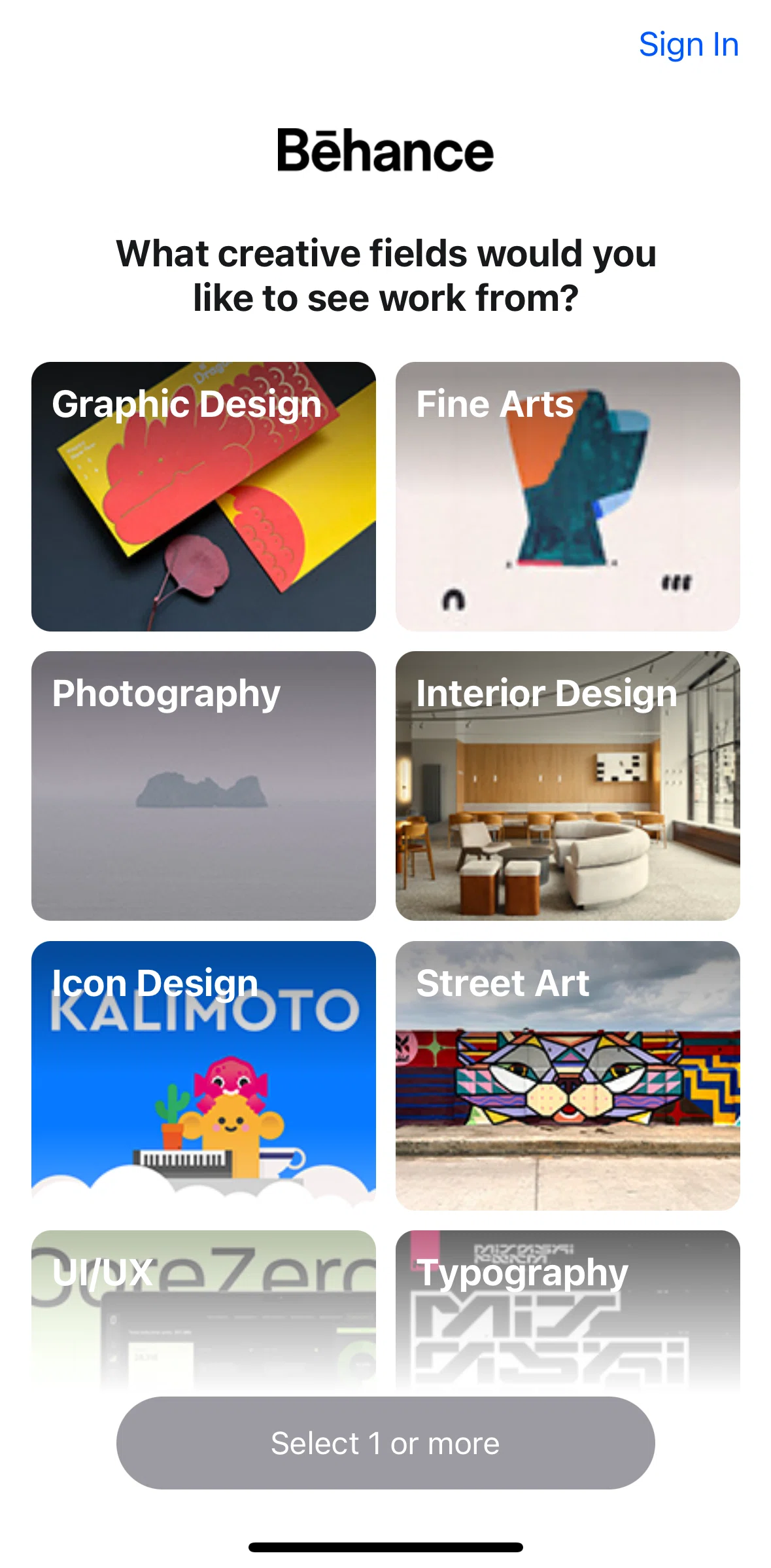 Behance Screen screen in the Onboarding flow