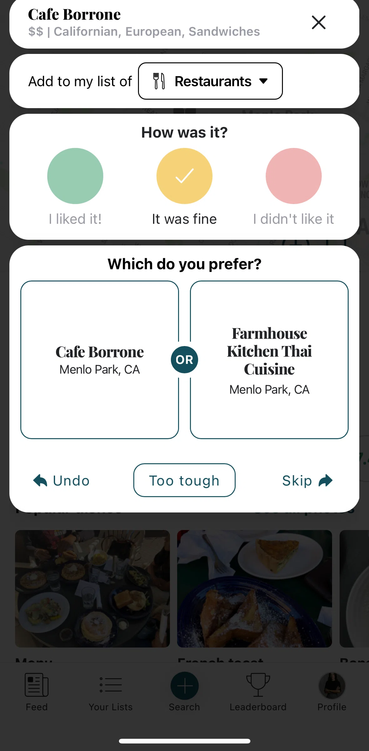Beli Screen screen in the Comparing restaurants with scores flow