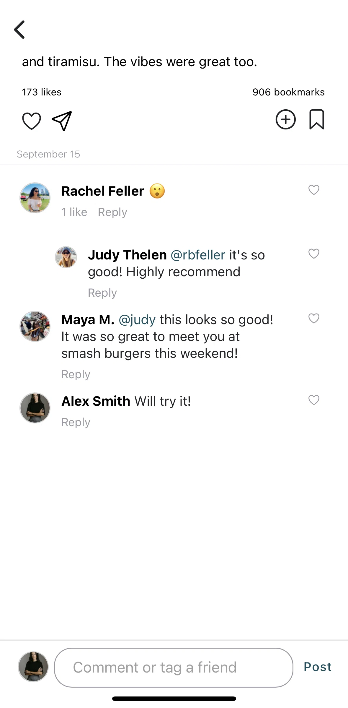 Beli Screen screen in the Deleting a comment flow