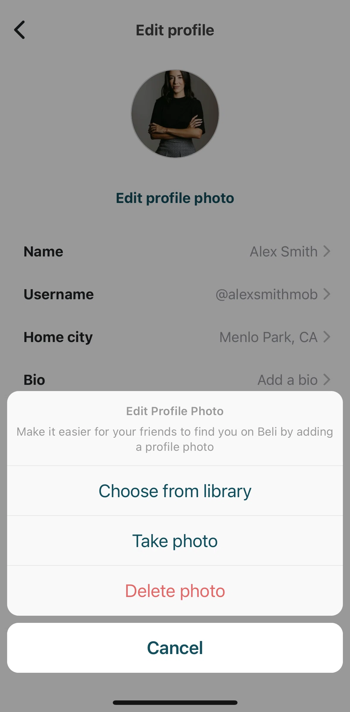 Beli Screen screen in the Deleting profile picture flow