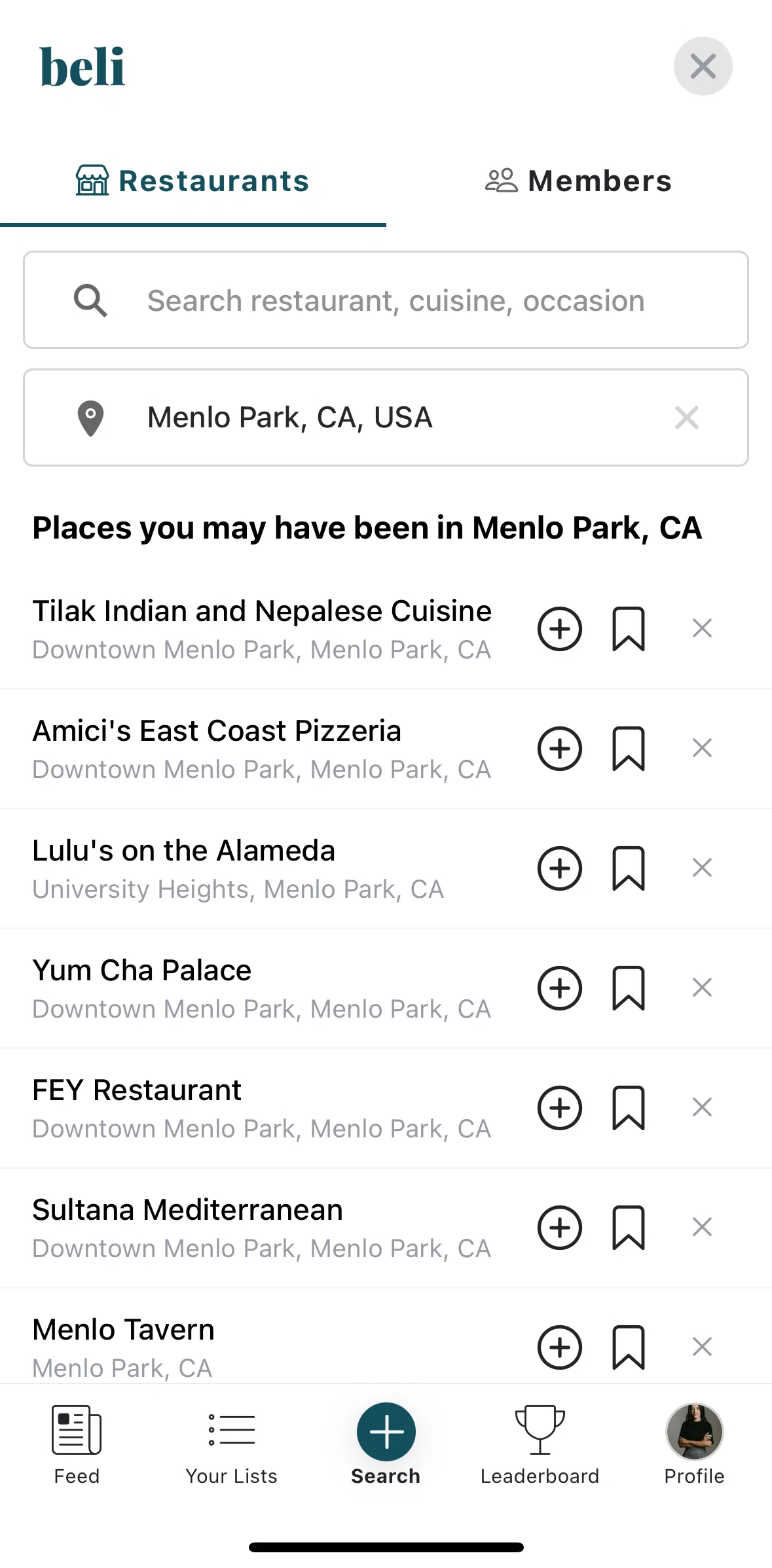 Beli Screen screen in the Hiding a restaurant flow