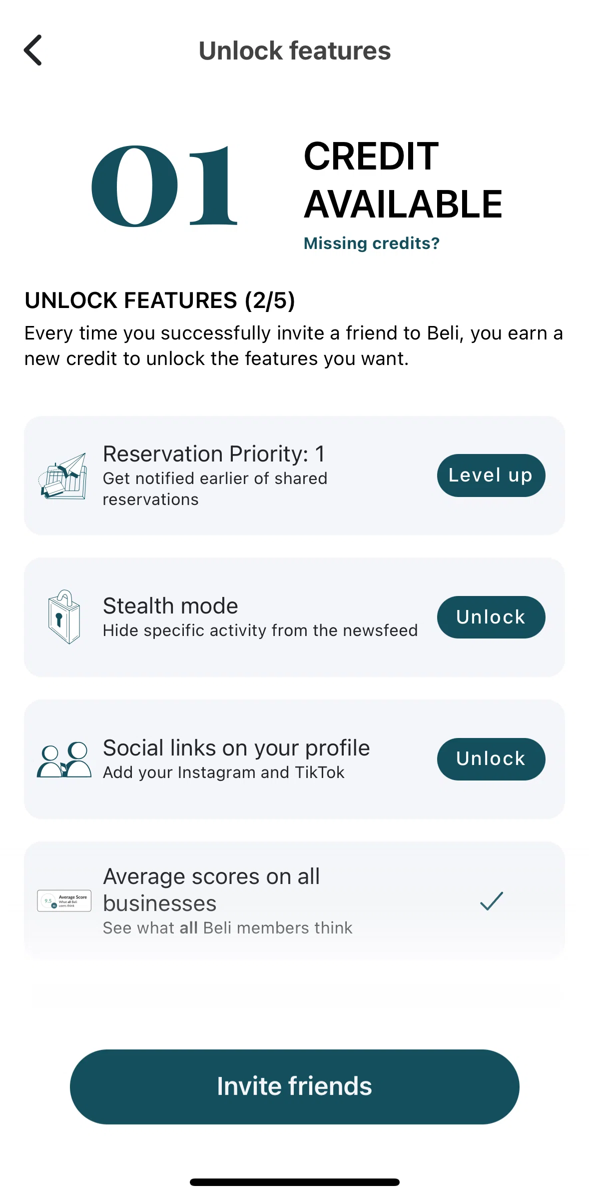 Beli Screen screen in the Levelling up reservation priority flow