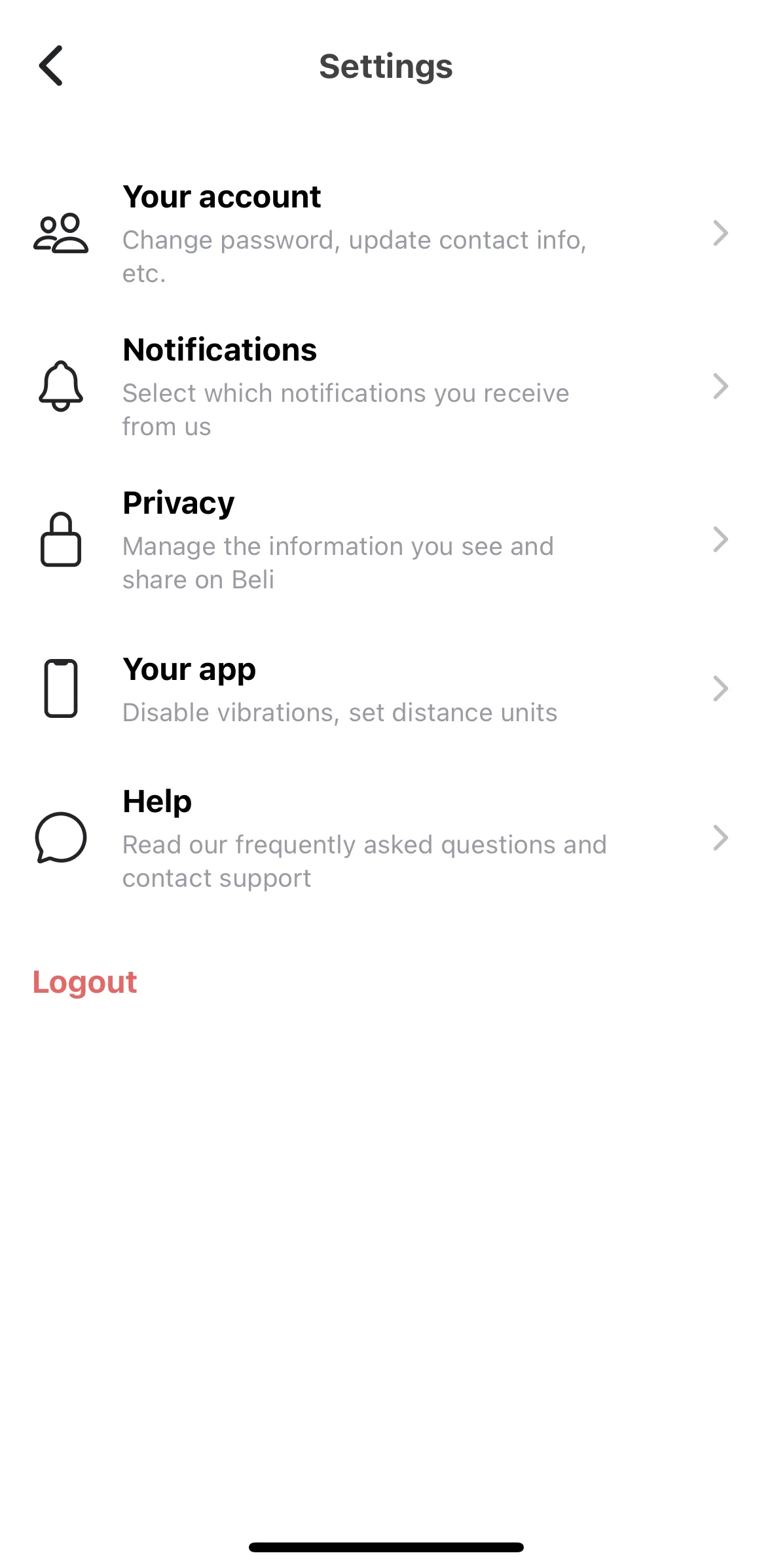 Beli Screen screen in the Logging out flow
