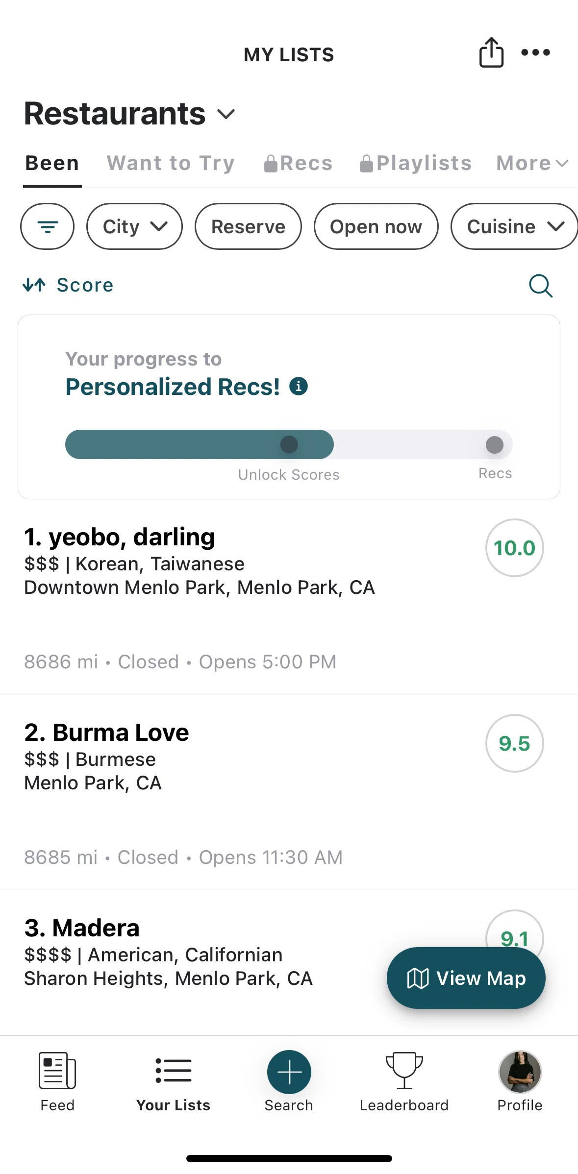 Beli Screen screen in the Personalized recs information flow