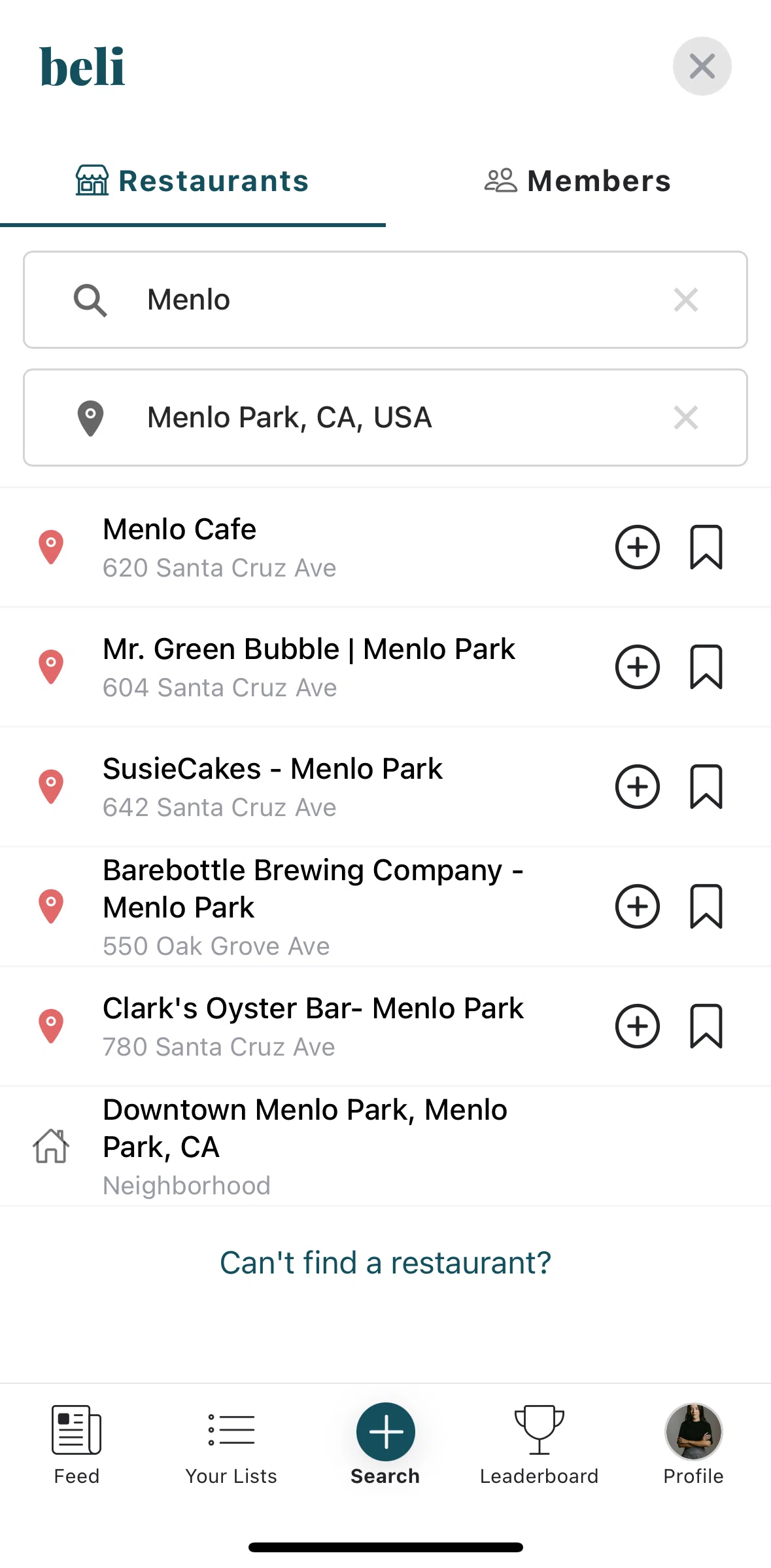 Beli Screen screen in the Reporting a missing restaurant flow