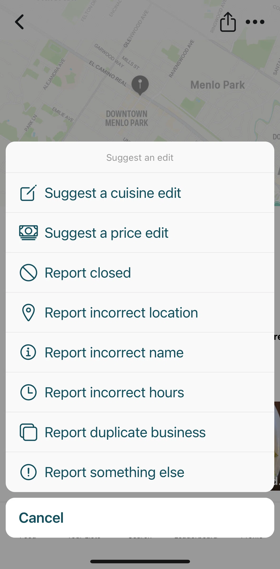 Beli Screen screen in the Reporting a restaurant flow