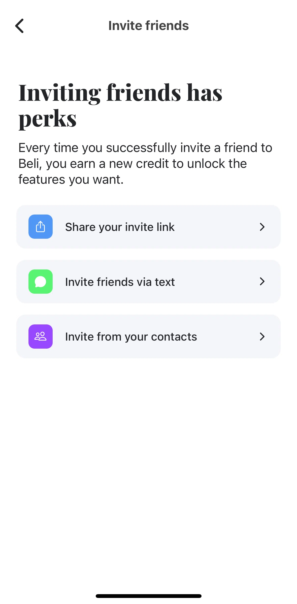 Beli Screen screen in the Requesting more invites flow