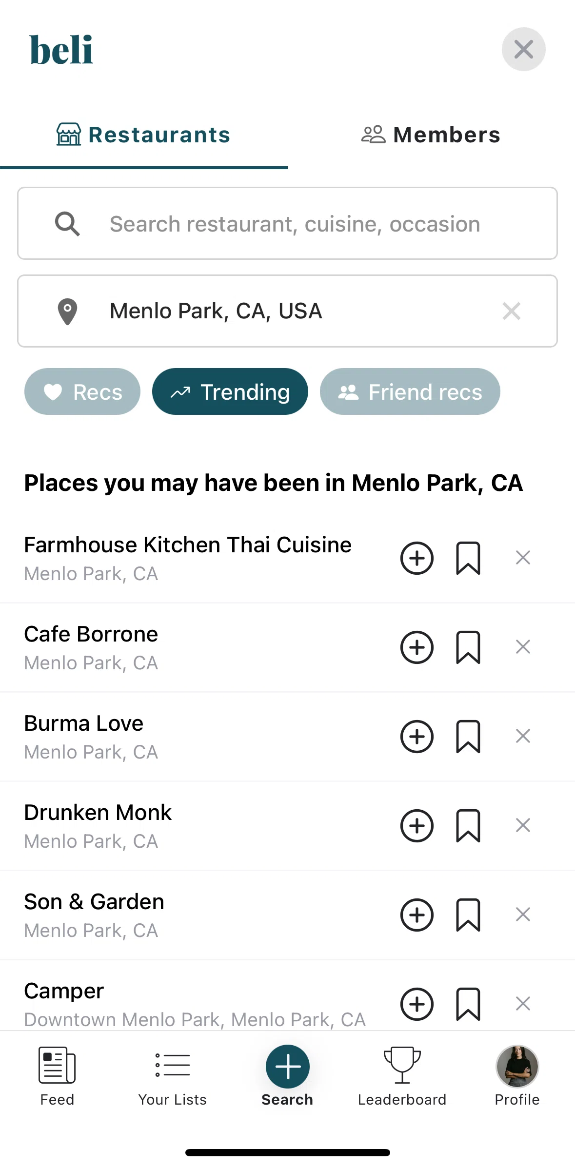Beli Screen screen in the Restaurants flow