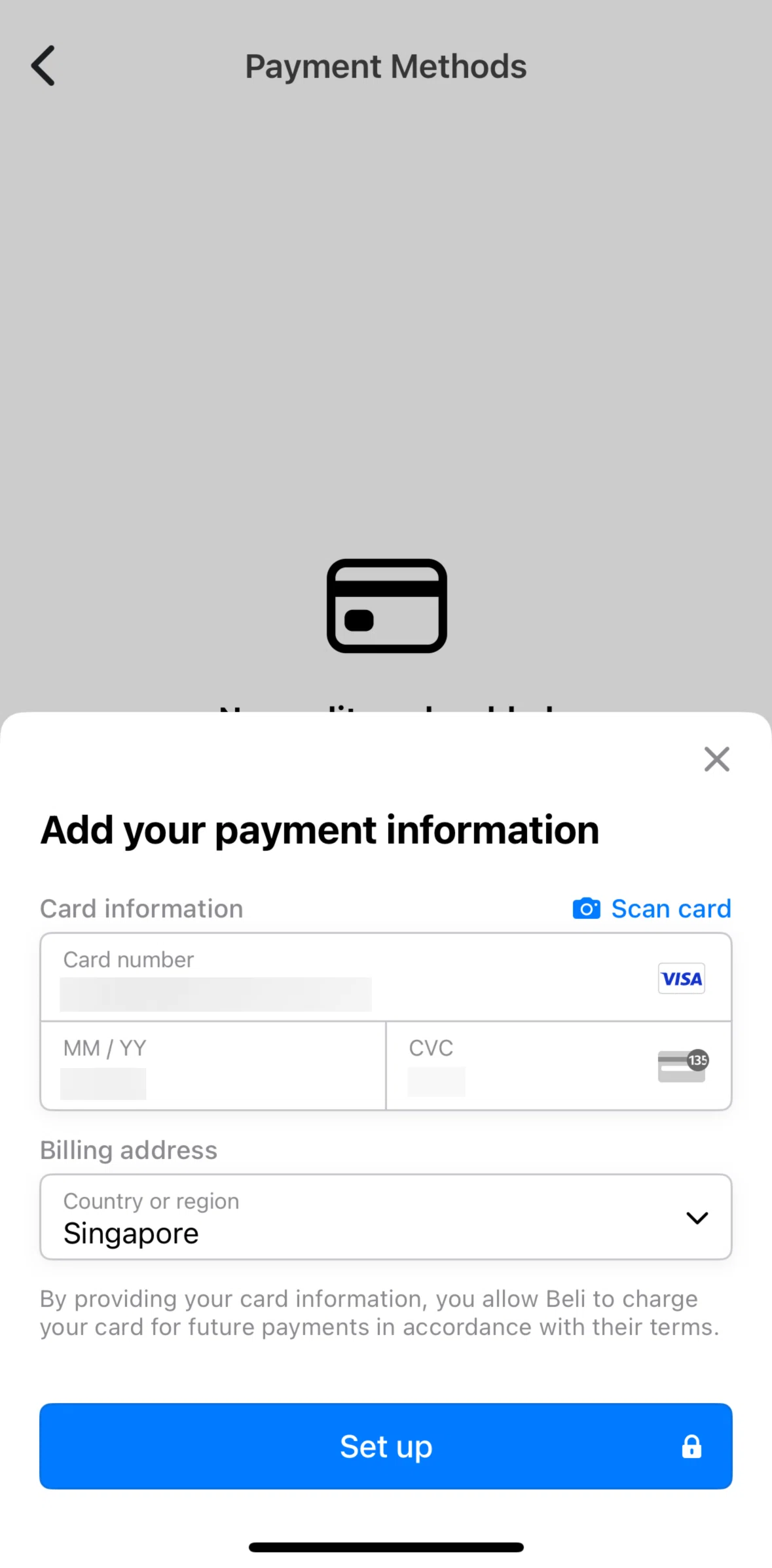Beli Screen screen in the Scan a card flow