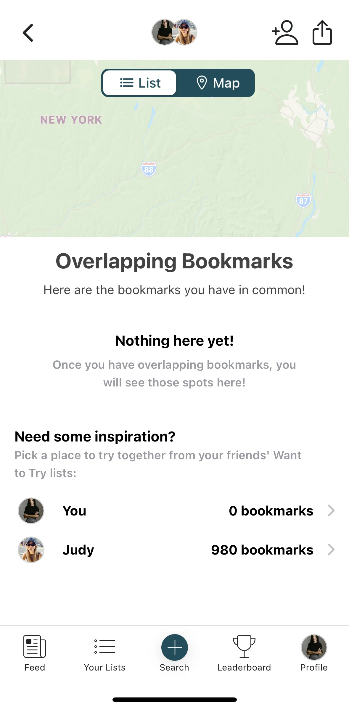 Beli Screen screen in the Share an overlapping bookmark flow