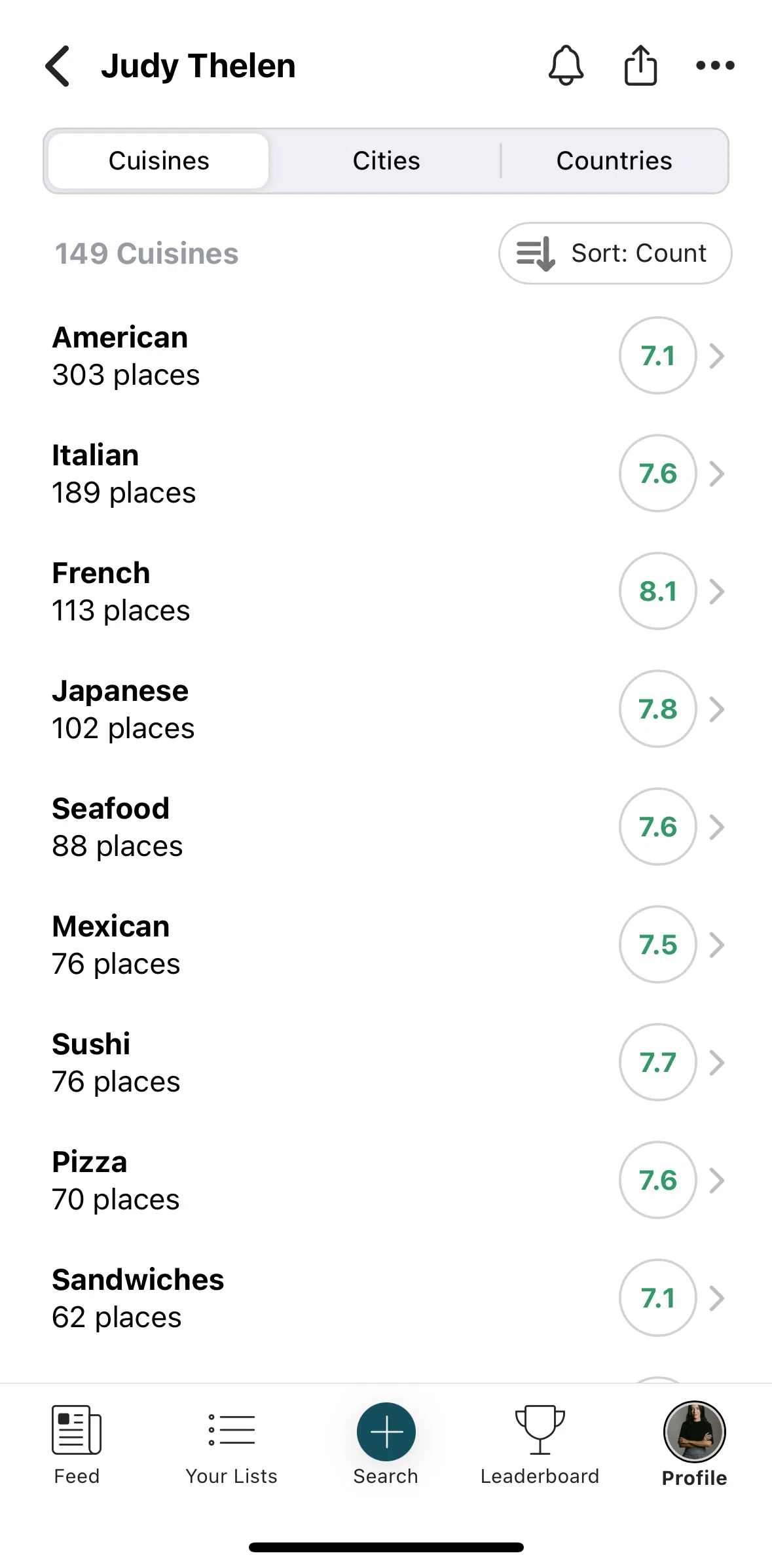 Beli Screen screen in the Sorting cuisines flow