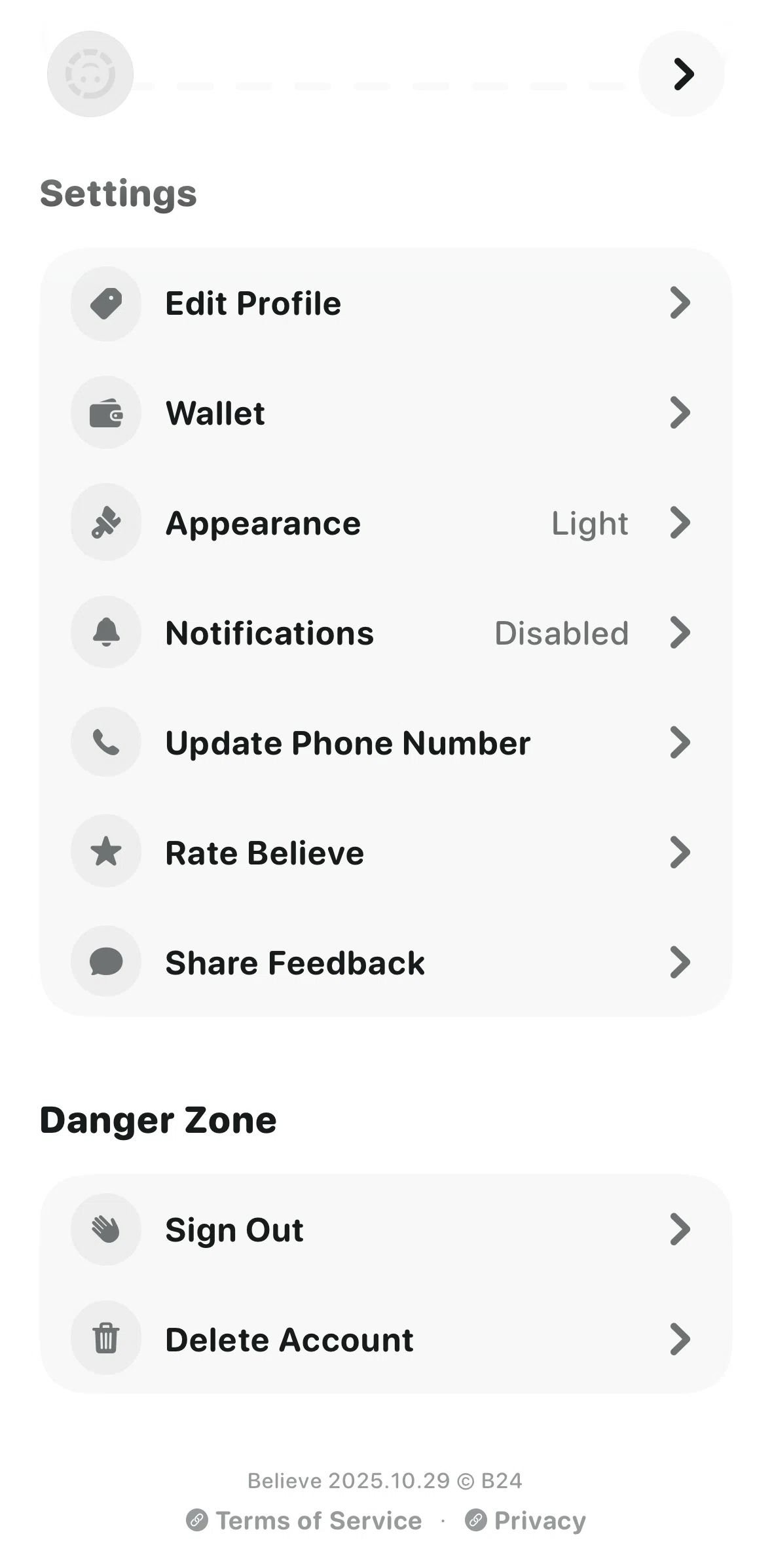 Believe Screen screen in the Deleting account flow