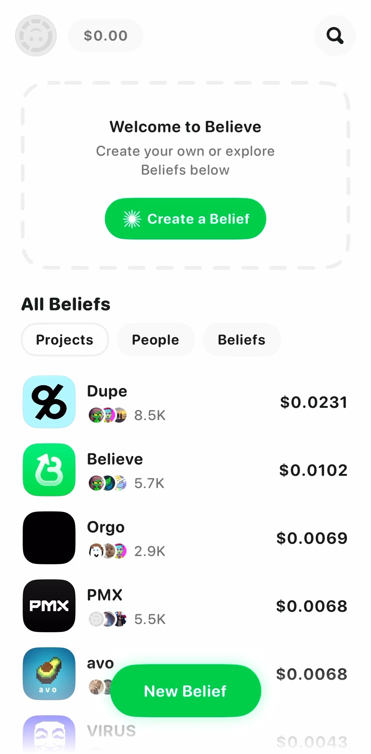 Believe Screen screen in the Home flow