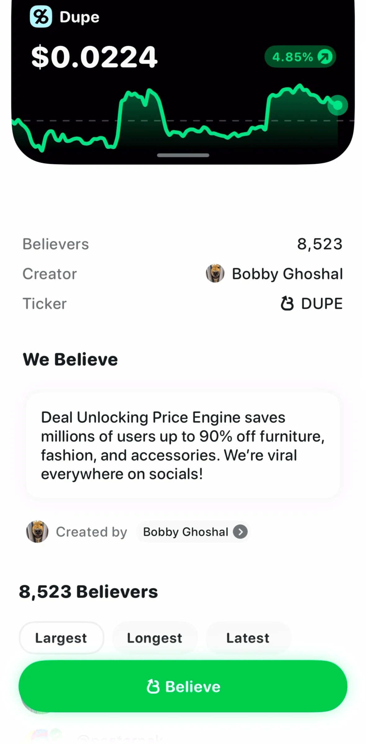 Believe Screen screen in the User profile flow