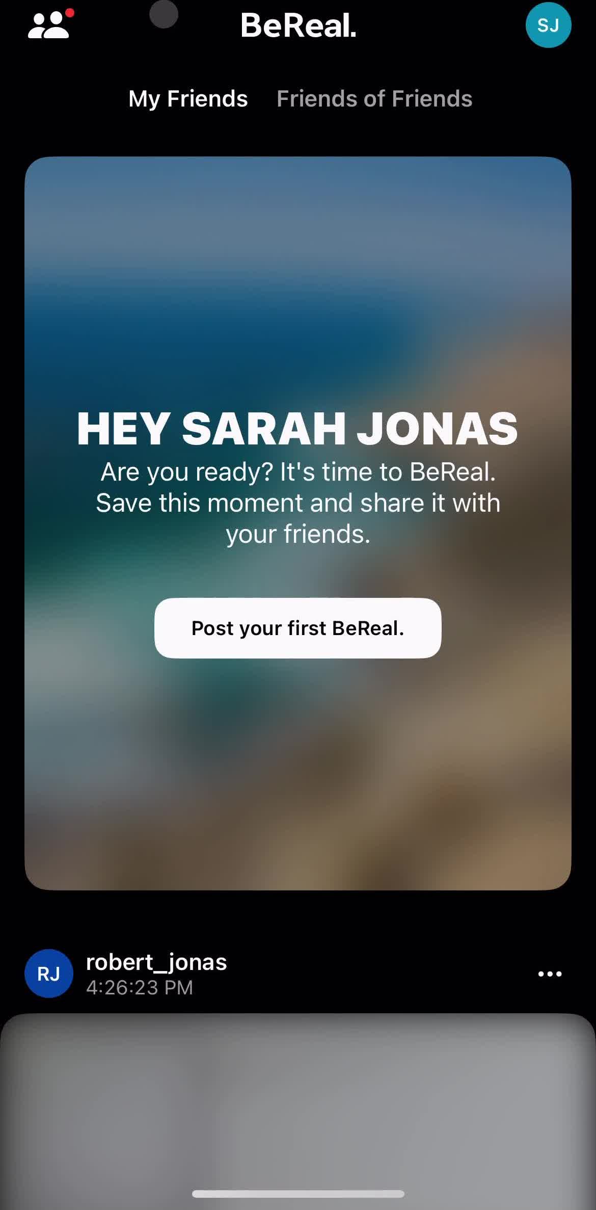 Bereal Home screen in the Accepting An Invite flow