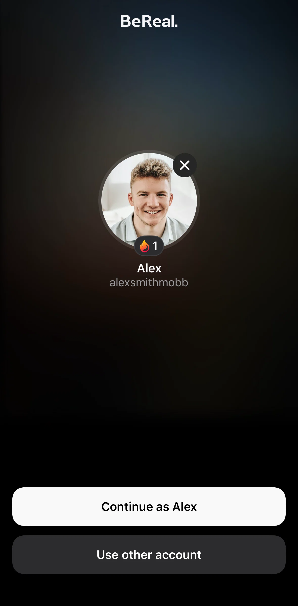 Bereal Screen screen in the Logging in (existing account) flow