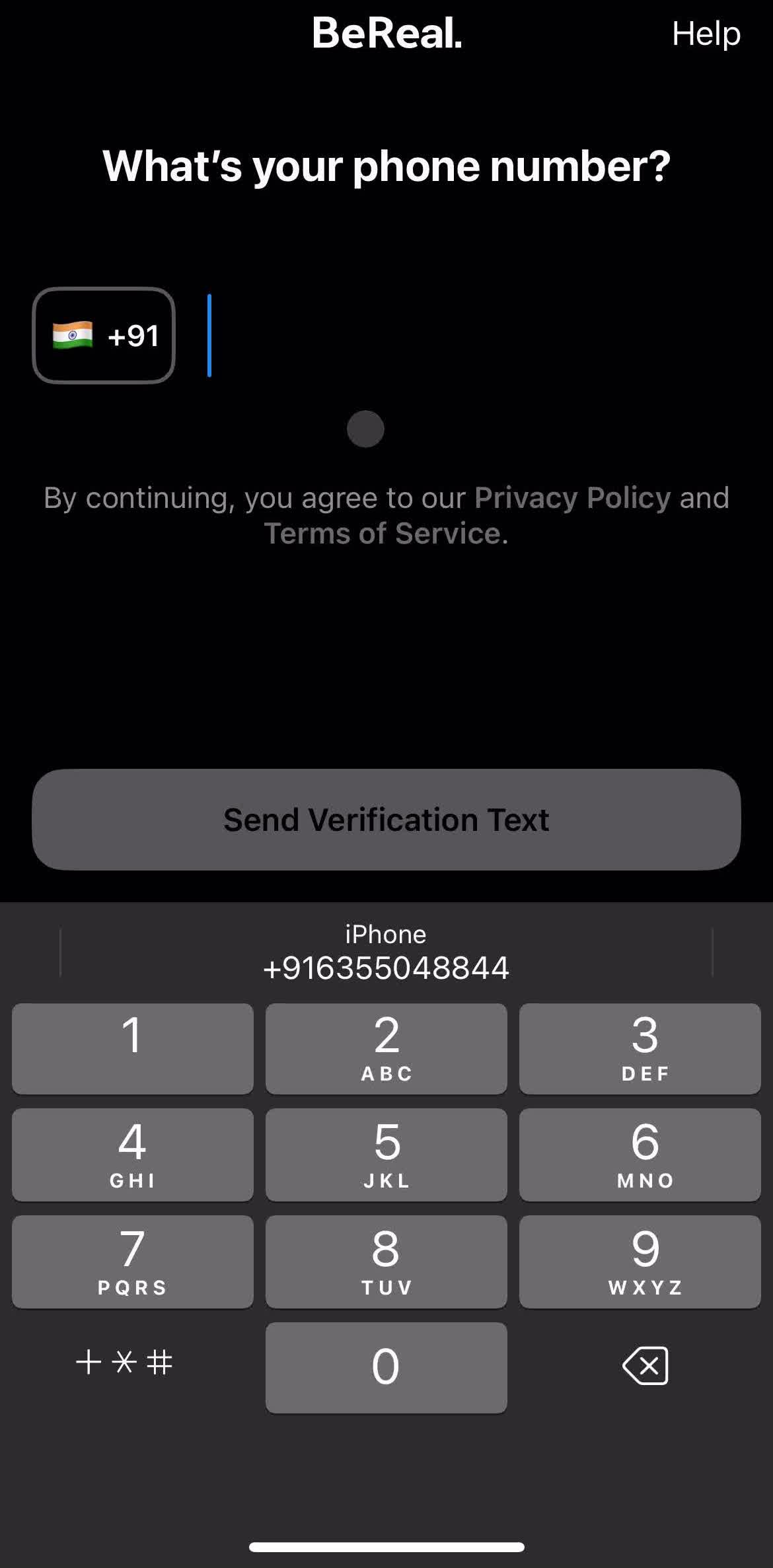 Bereal Enter phone number screen in the Logging In flow