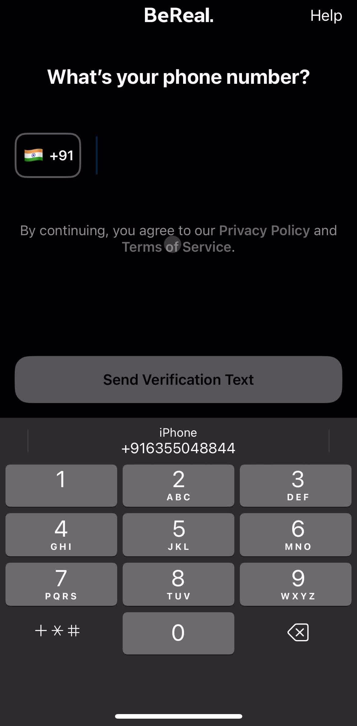 Bereal Enter phone number screen in the Onboarding flow