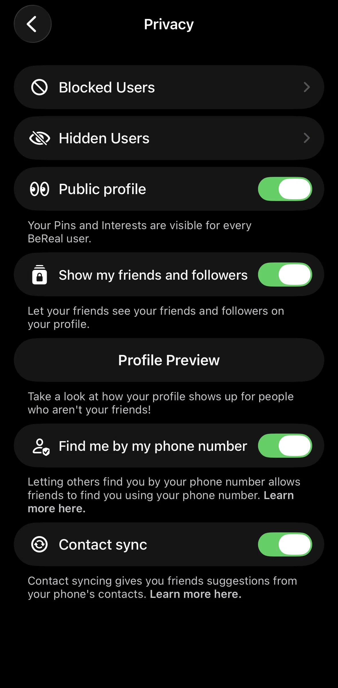 Bereal Screen screen in the Profile preview flow