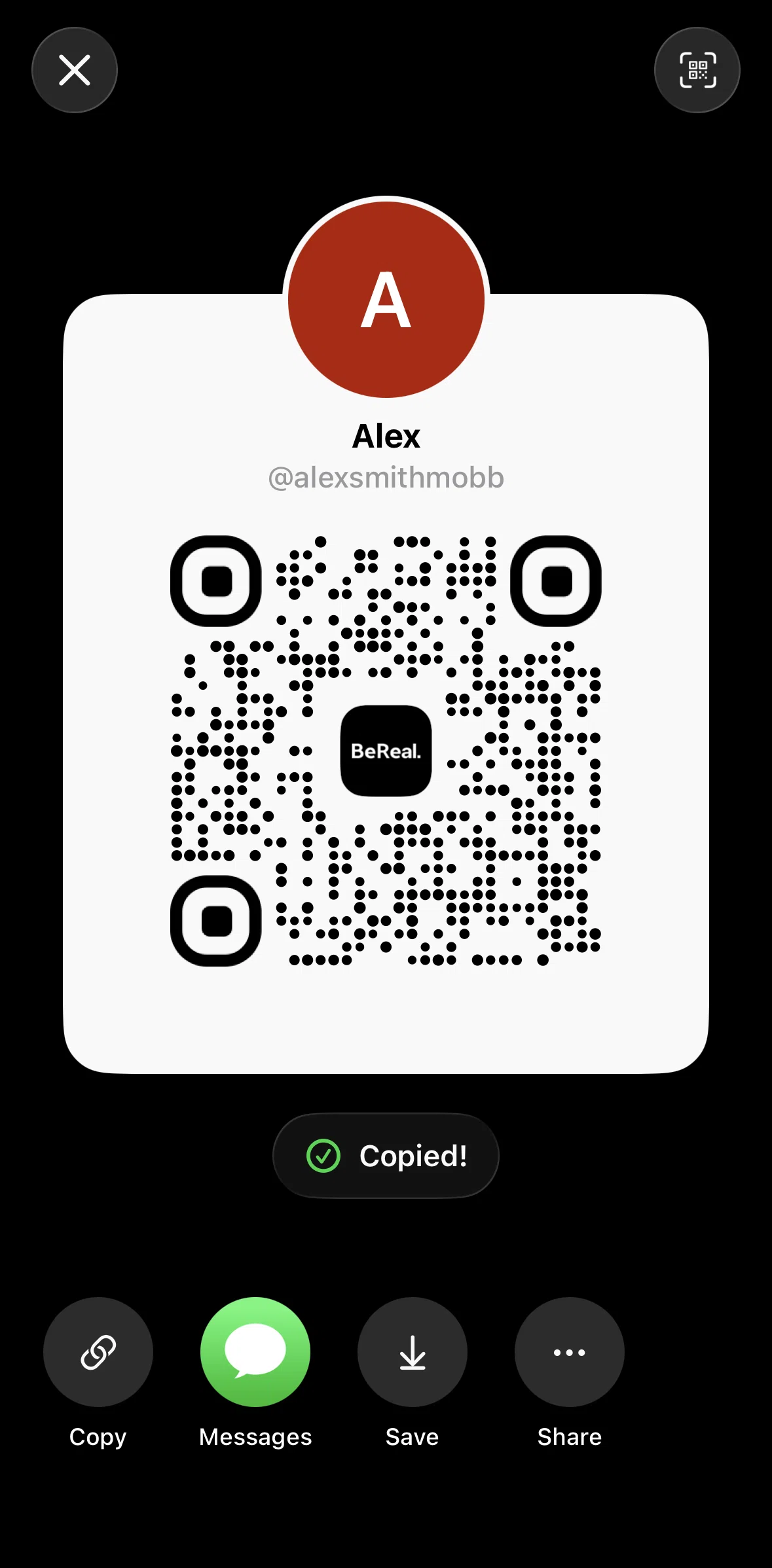 Bereal Screen screen in the Scan a QR code flow