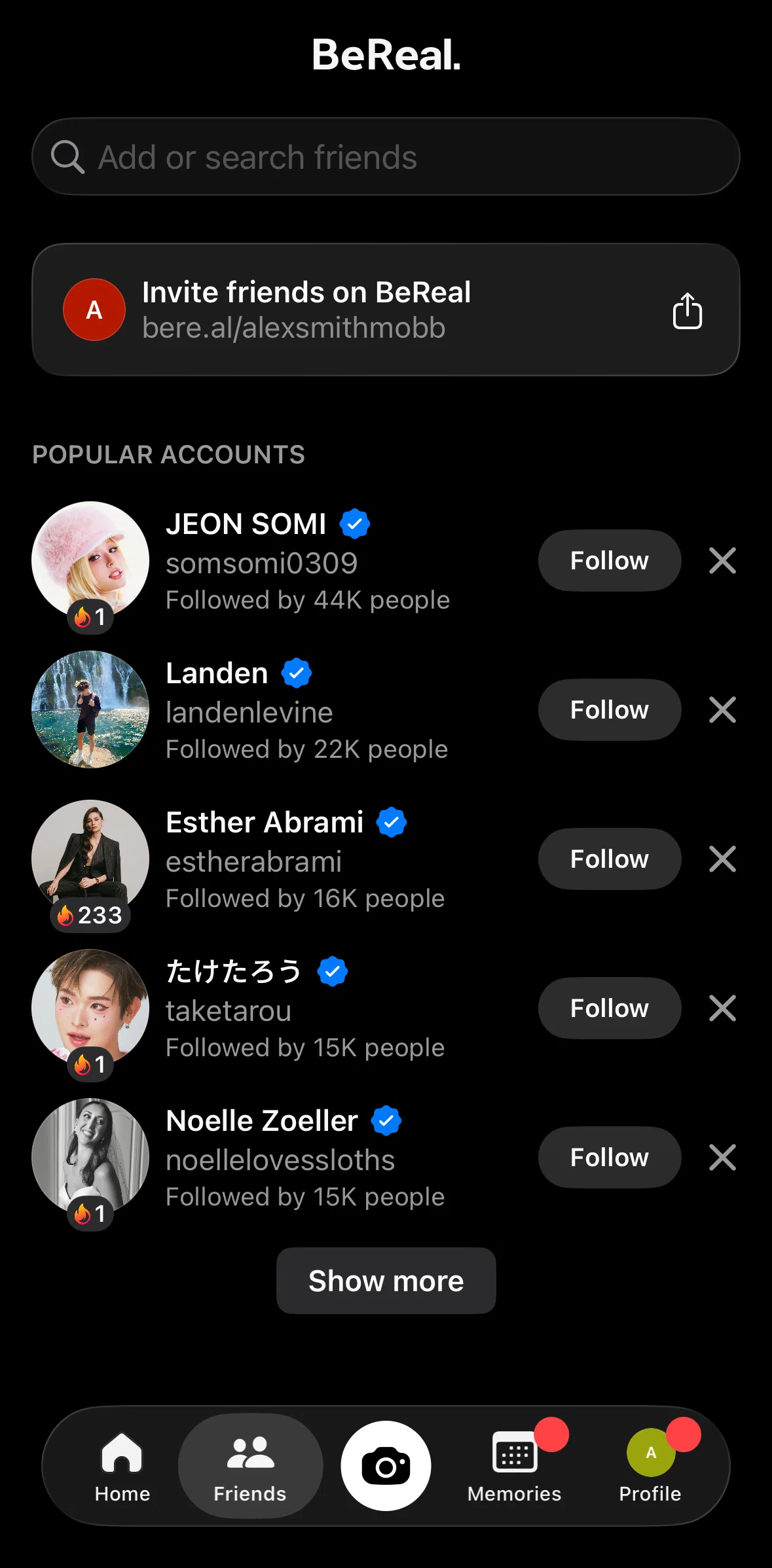 Bereal Screen screen in the Searching friends flow