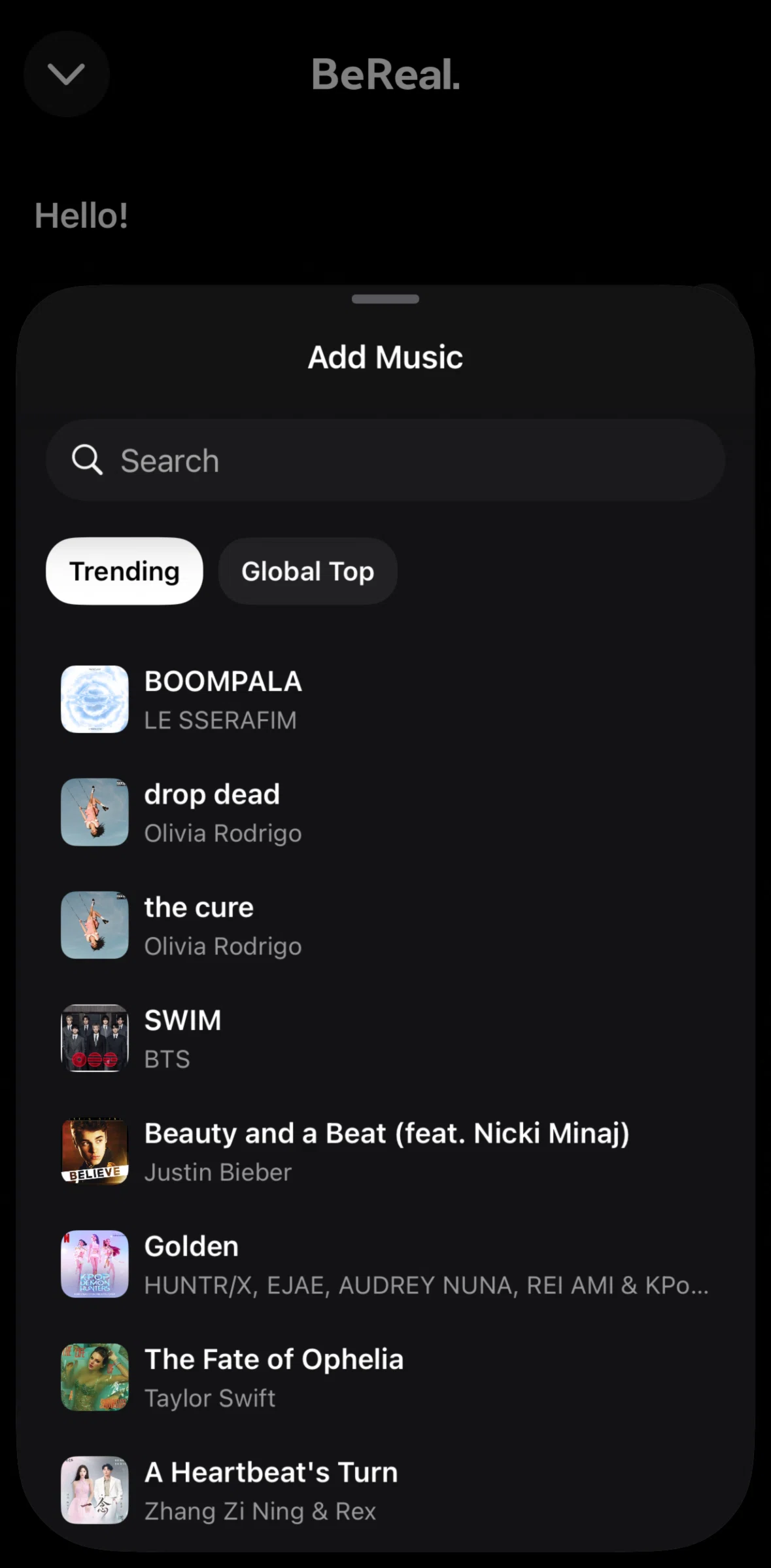 Bereal Screen screen in the Searching songs flow