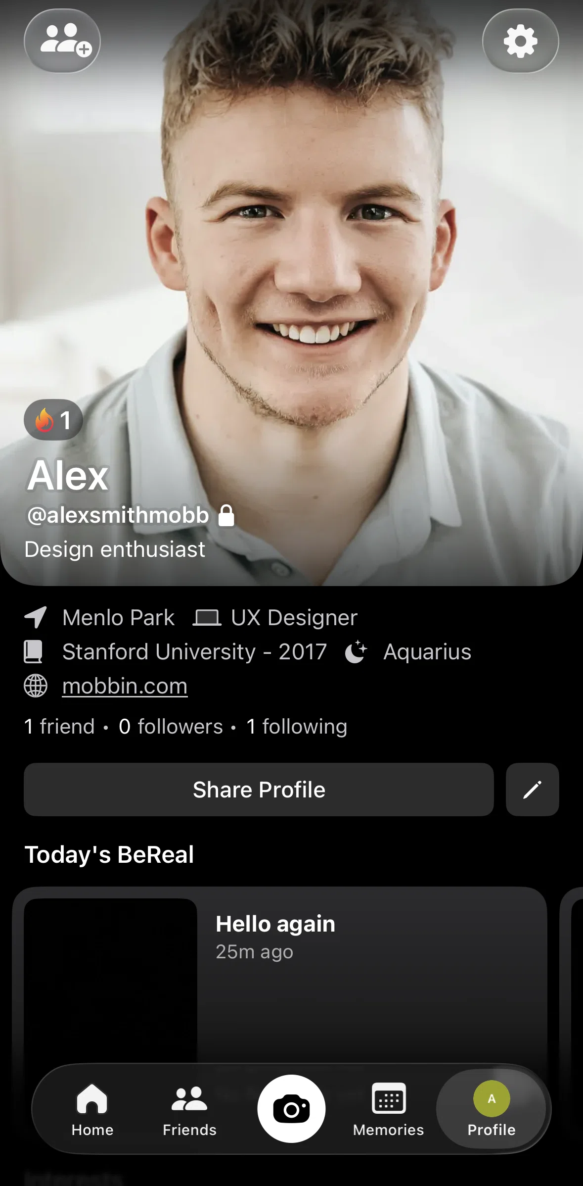 Bereal Screen screen in the Settings flow