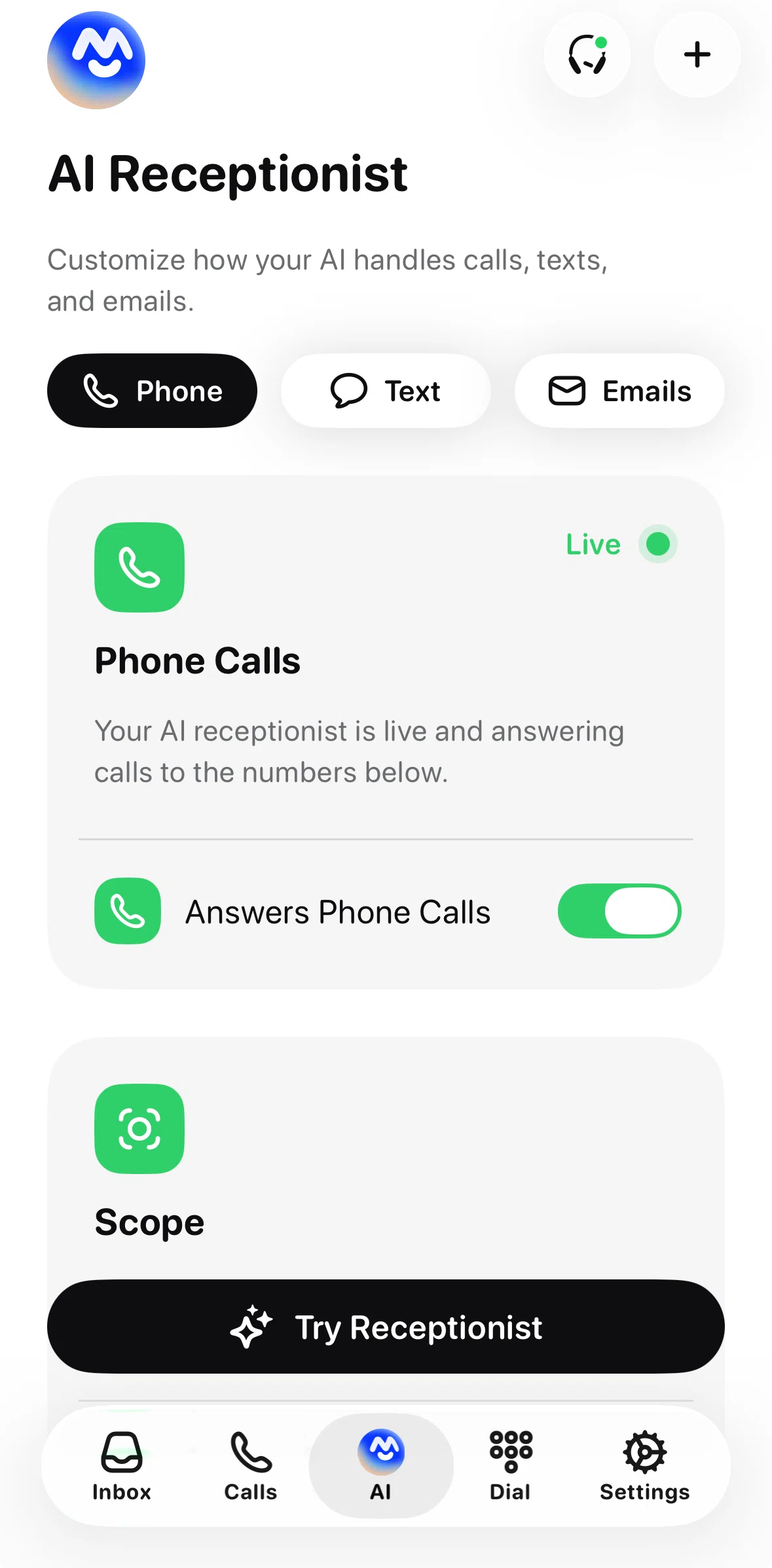 Beside Screen screen in the Calling AI receptionist flow