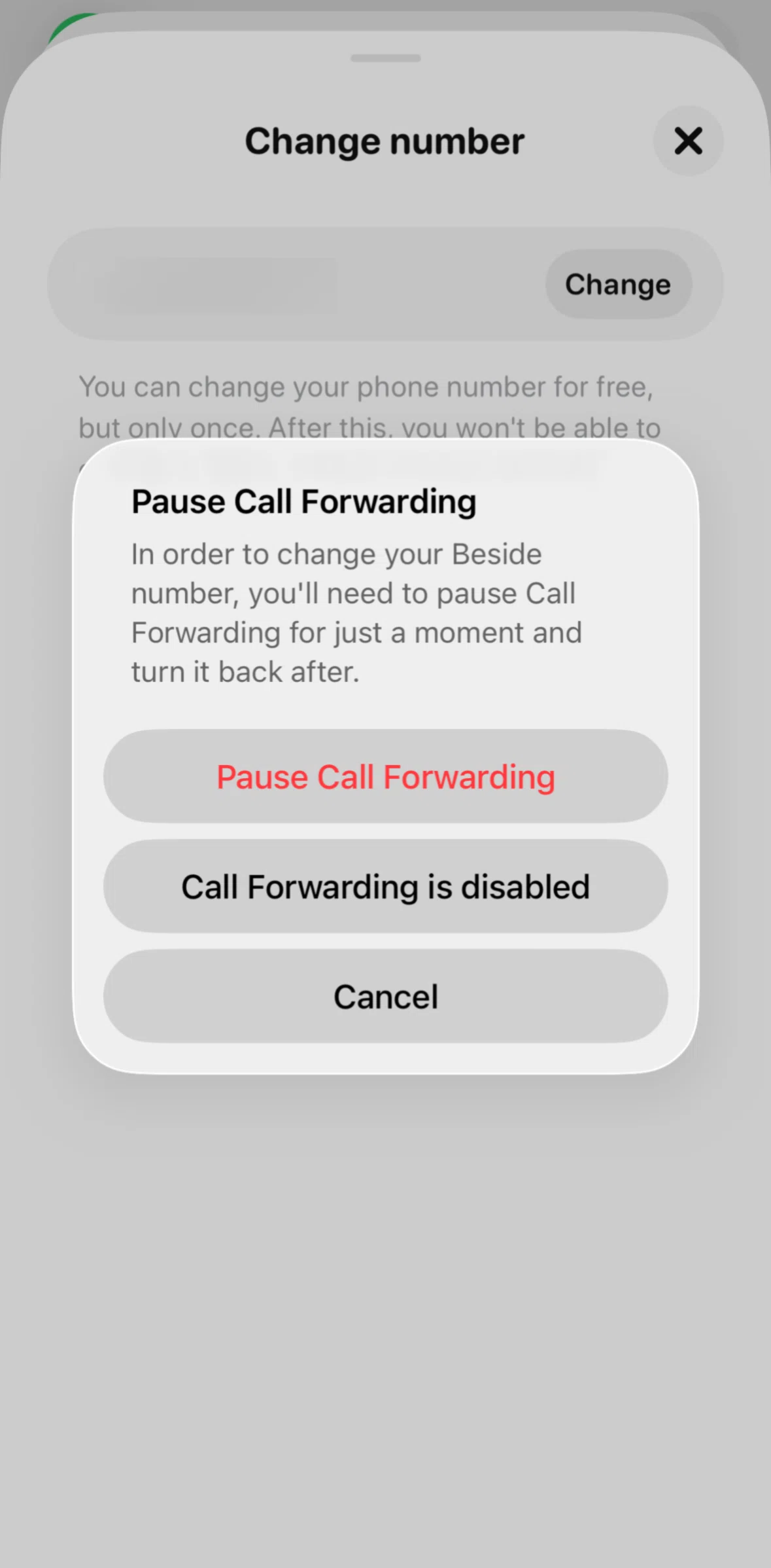Beside Screen screen in the Disable call forwarding flow