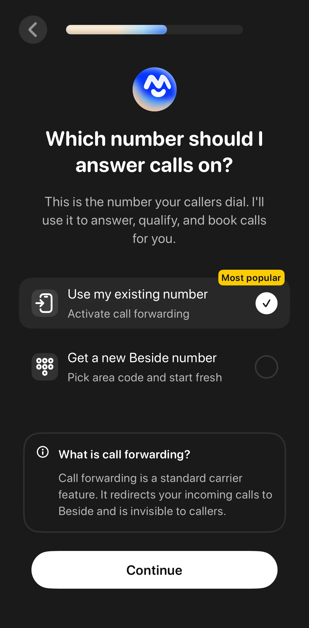 Beside Screen screen in the Enabling call forwarding flow