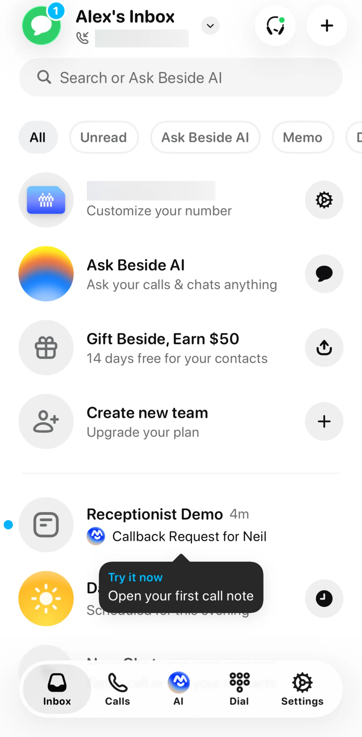 Beside Screen screen in the Inbox flow