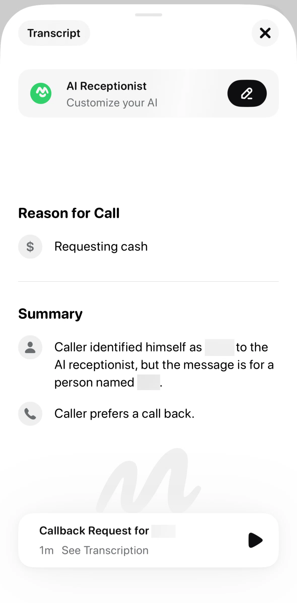 Beside Screen screen in the Transcript flow
