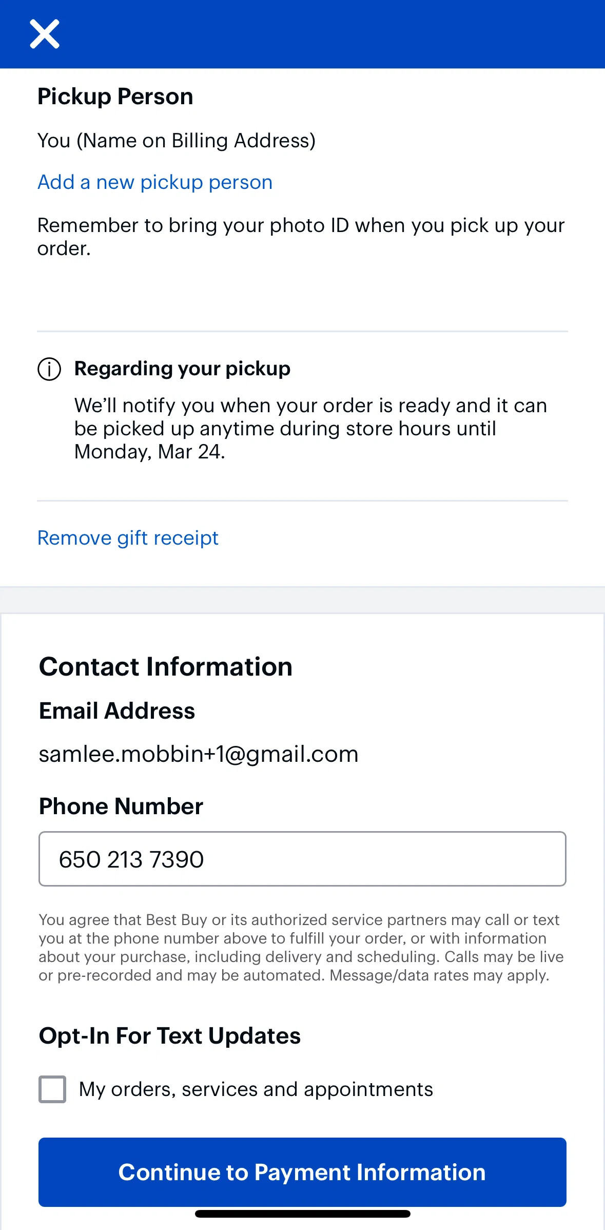 Best Buy Screen screen in the Adding a pickup person flow