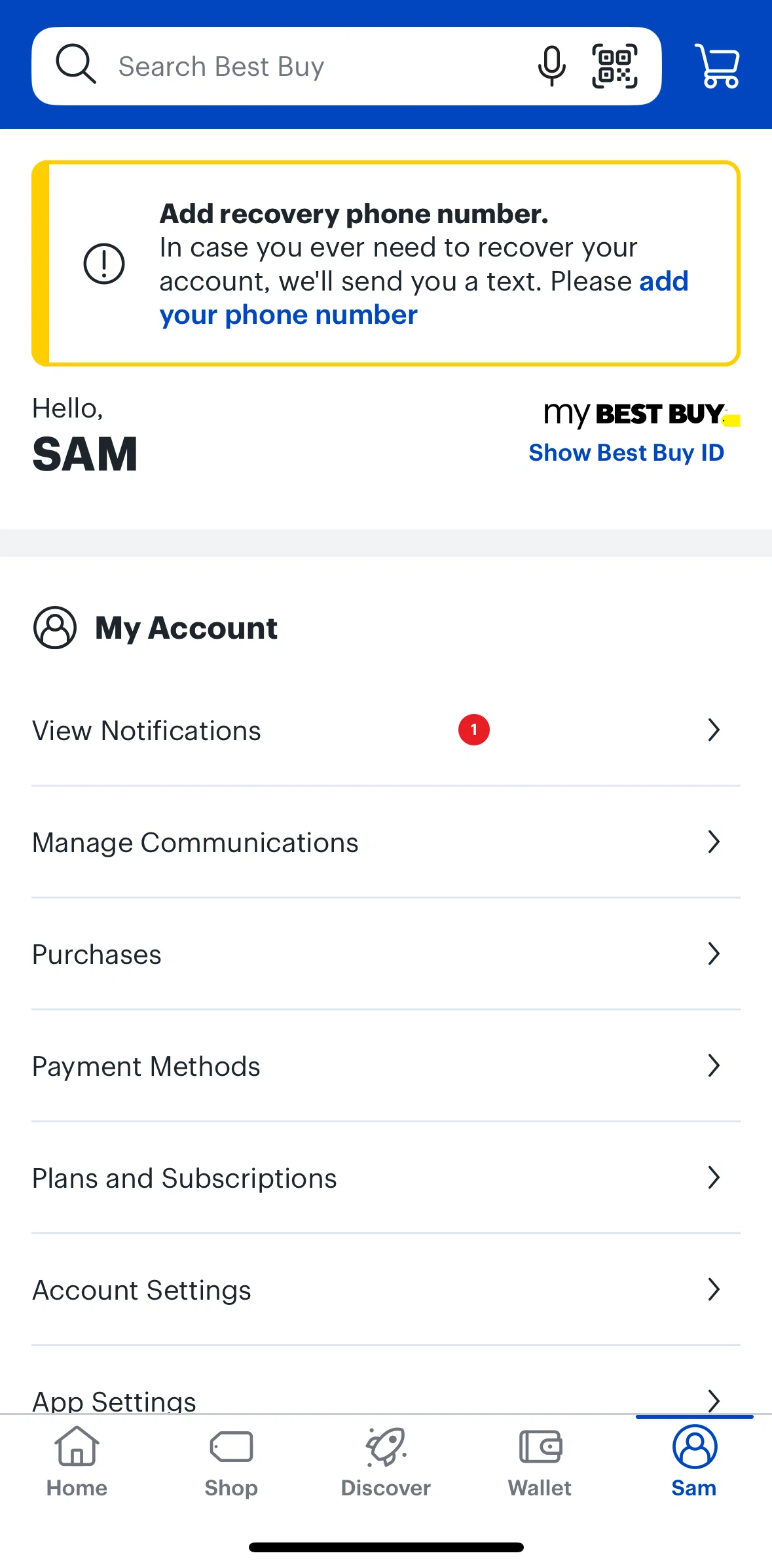 Best Buy Screen screen in the Adding a recovery phone number flow