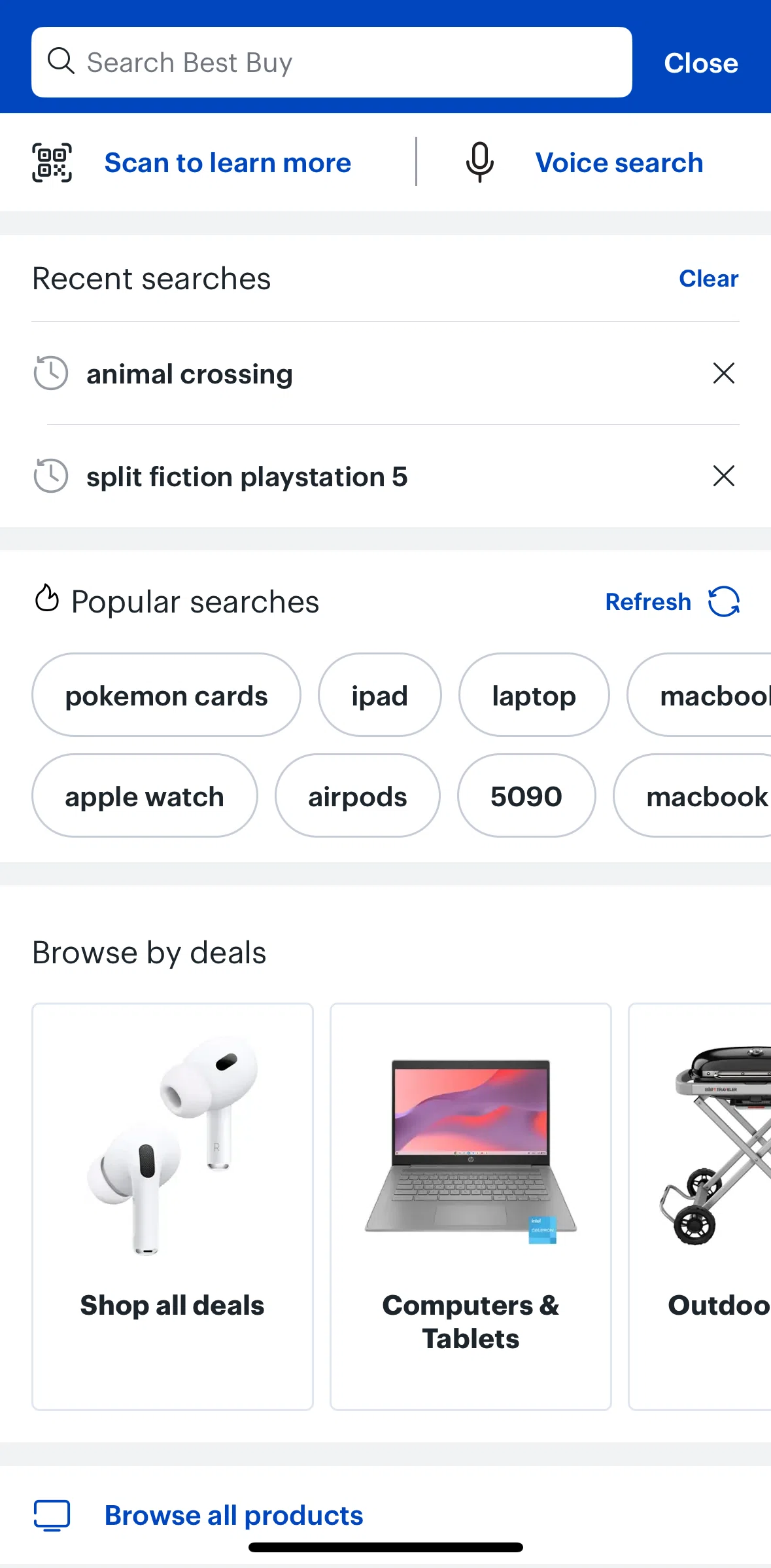 Best Buy Screen screen in the Clearing search history flow