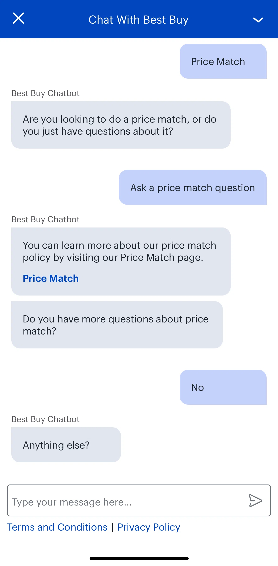 Best Buy Screen screen in the Ending a chat flow