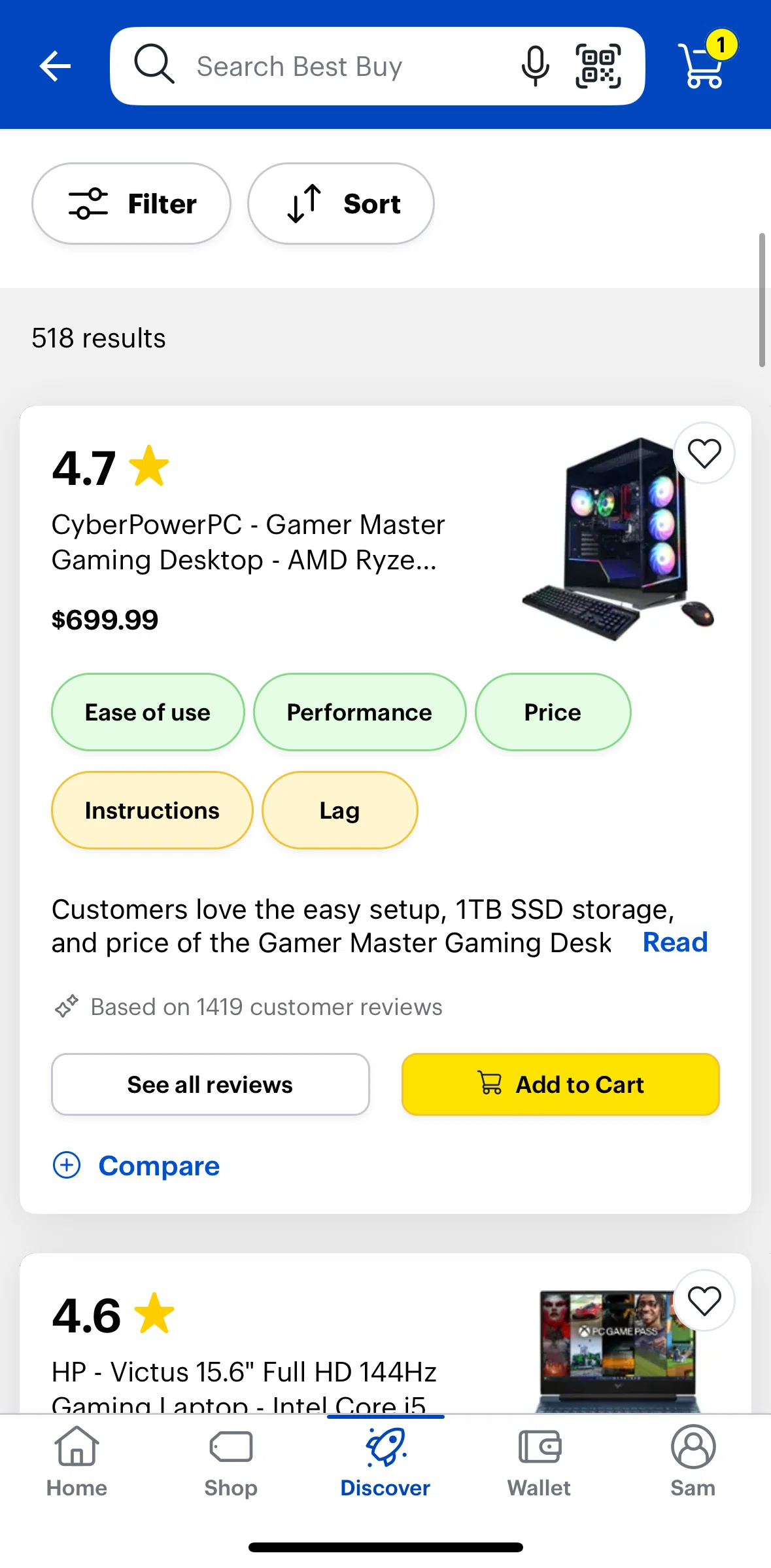 Best Buy Screen screen in the Filtering top-rated products flow
