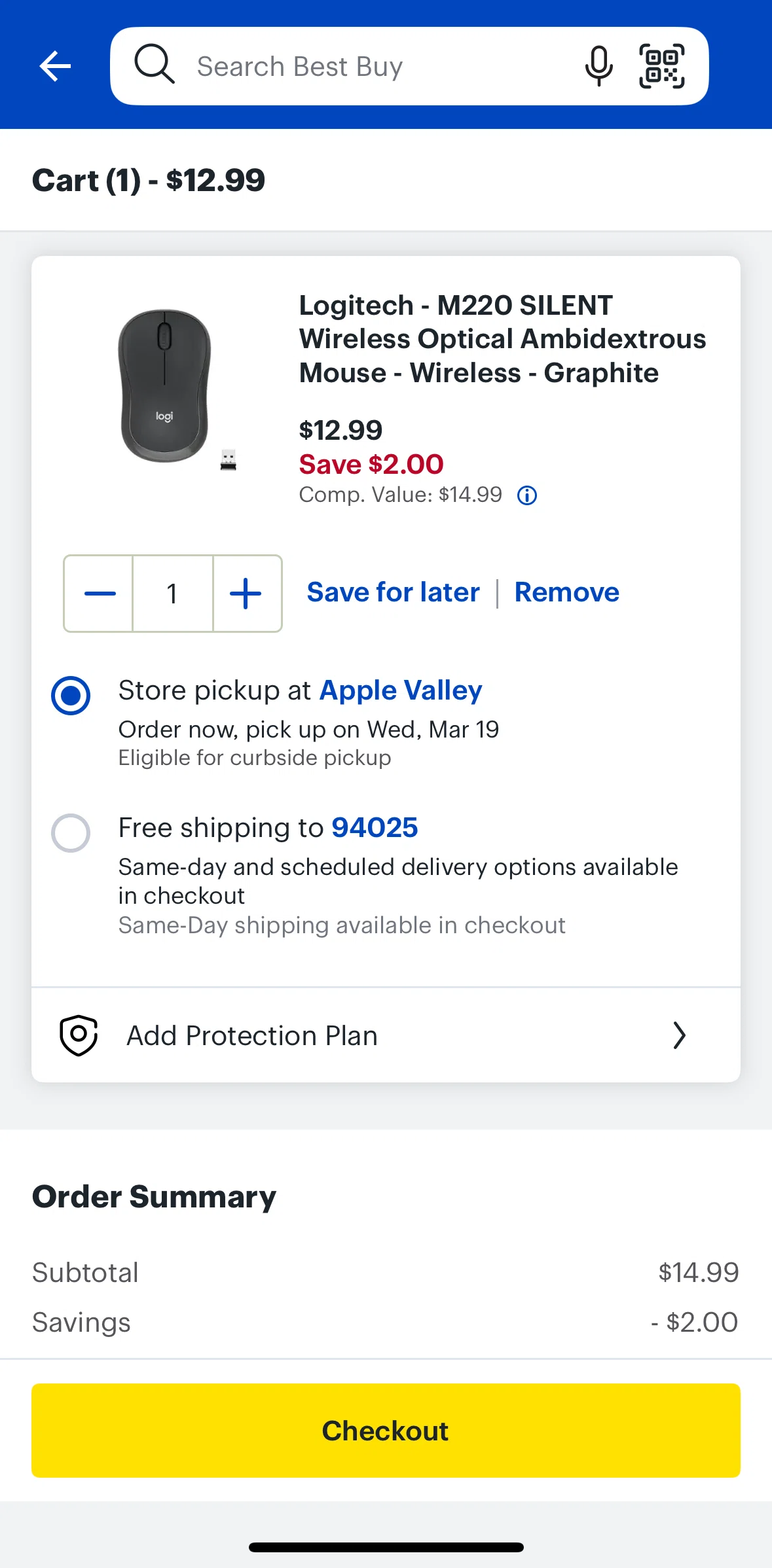 Best Buy Screen screen in the Removing product from cart flow