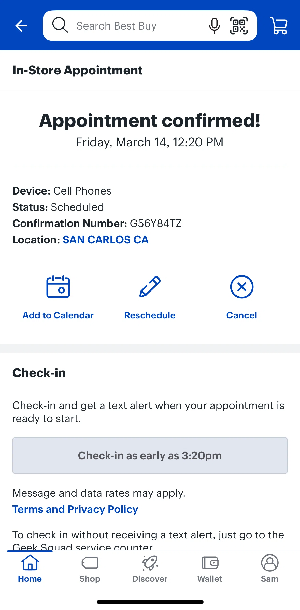 Best Buy Screen screen in the Rescheduling an appointment flow